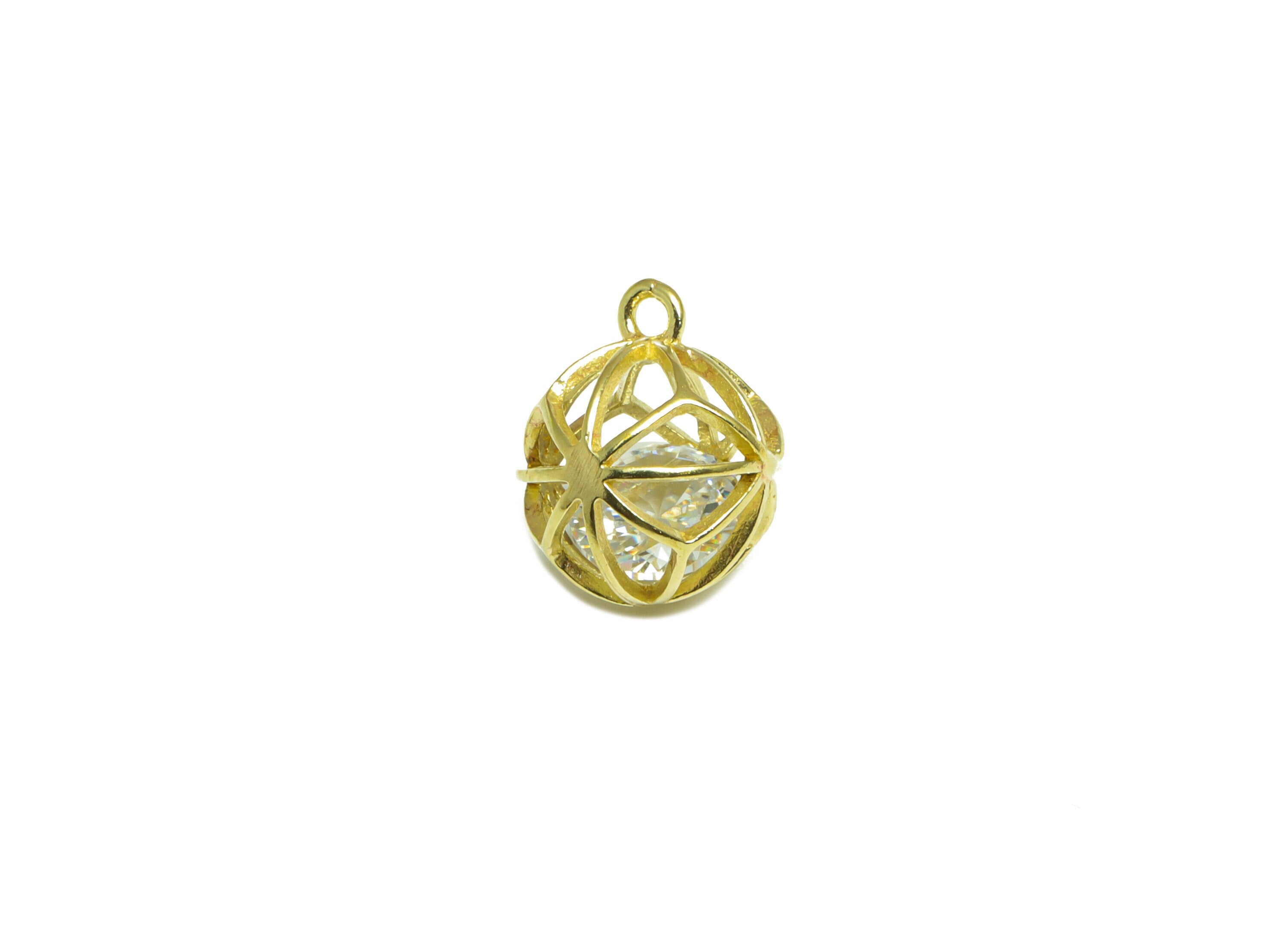 CZ Diamond Ball Pendant - Raw Brass CZ Cage Football Earring Charm - Cubic Zircon Charms With Loop - For Necklace - 12x10x10mm - PP10102 - DOMEDBAZAAR