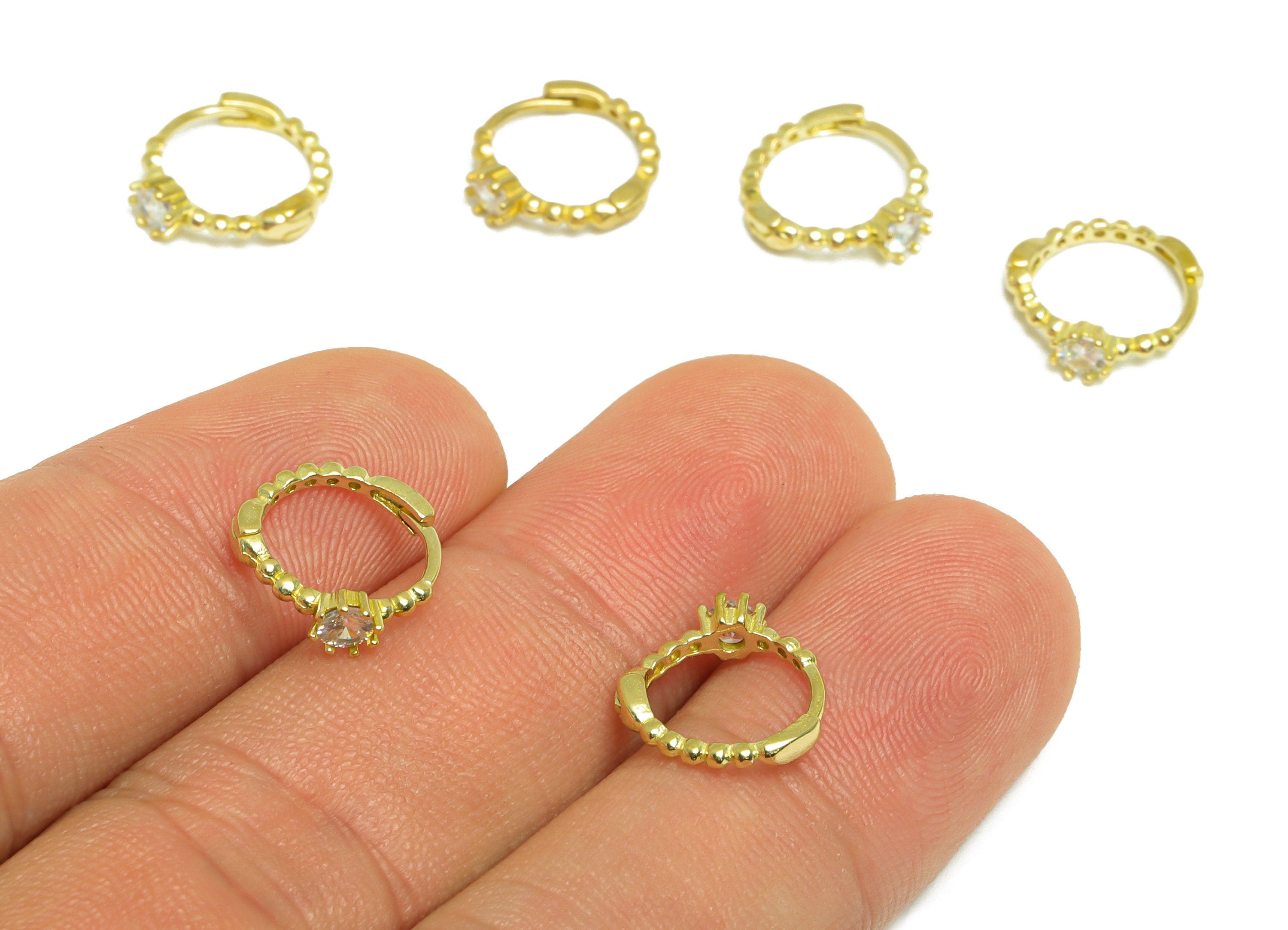 Brass CZ Ring Huggie Hoop Earring - Raw Brass Rectangle Cubic Zircon Earring - Brass Textured Huggie Hoop Earring - 15.6x15.3x3mm - PP10036 - DOMEDBAZAAR