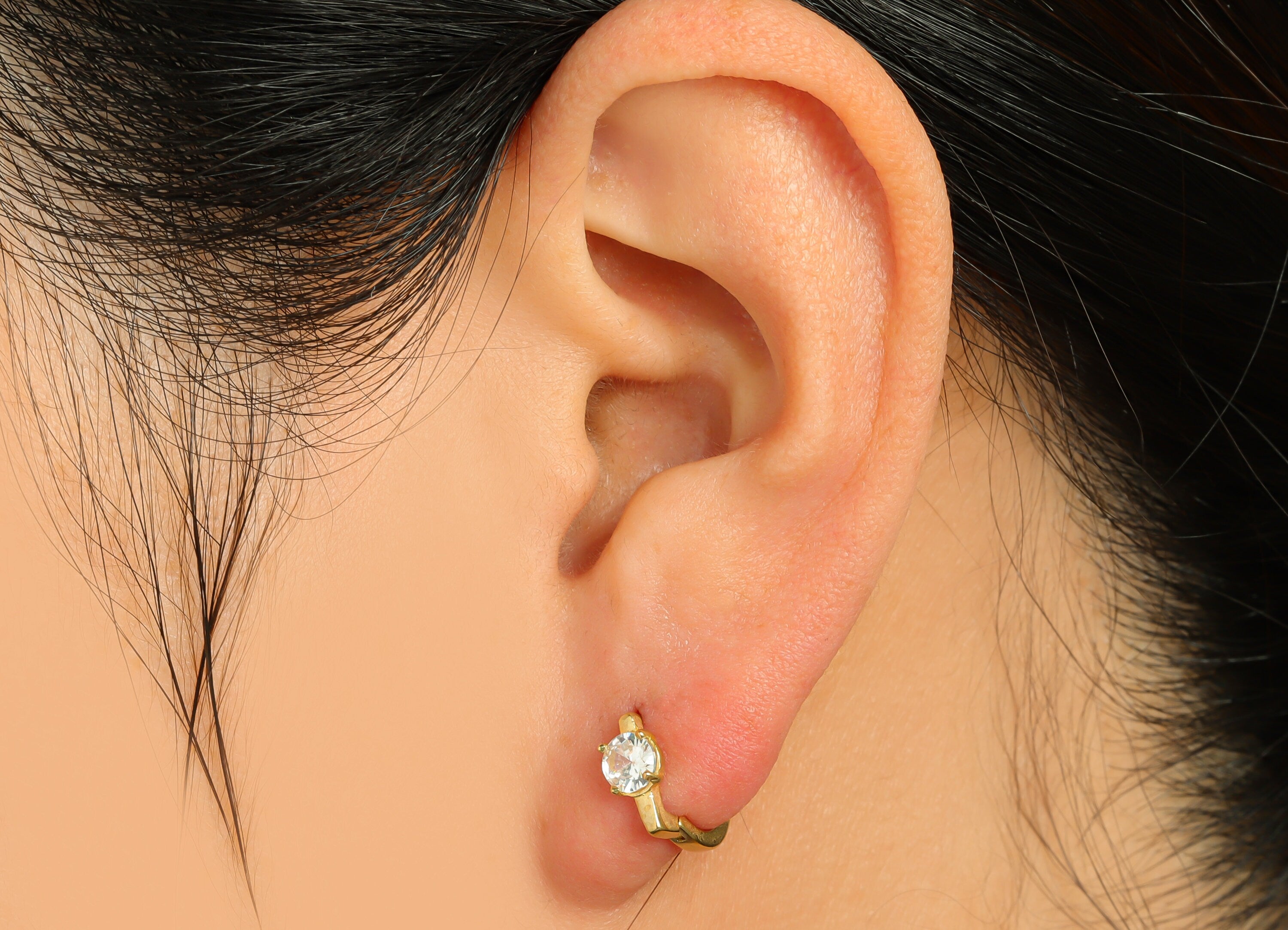 Brass CZ D Huggie Hoop Earring - Raw Brass Mini Ring Cubic Zircon Earring - Brass D Zircon Huggie Hoop Earring - 9.8x9.6x4.5mm - PP10051 - DOMEDBAZAAR