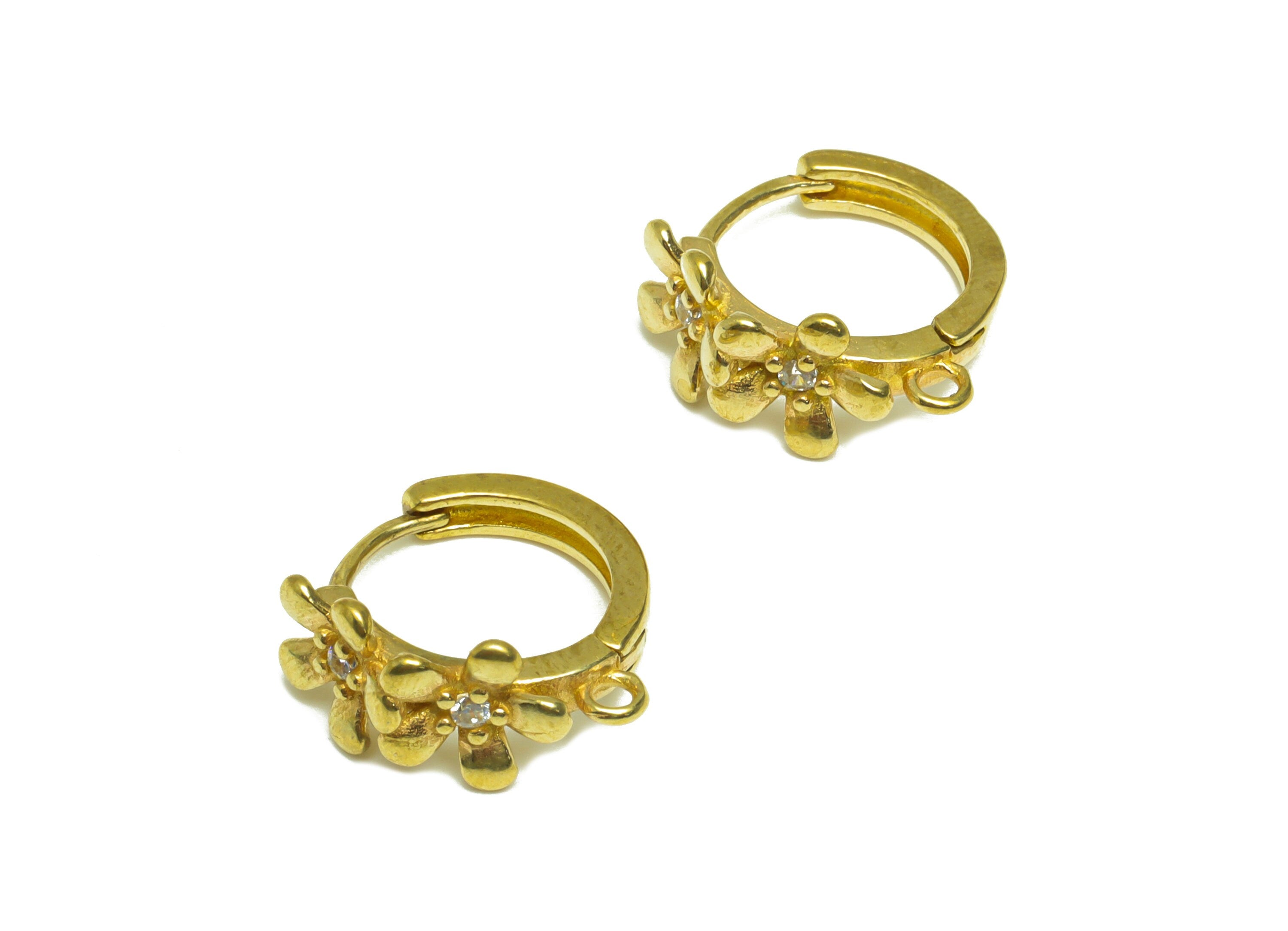 Brass CZ Flower Huggie Hoop Earring - Raw Brass Daisy Cubic Zircon Earring - Brass Flower Zircon Huggie Hoop With Loop - 16x15x8mm - PP10008 - DOMEDBAZAAR