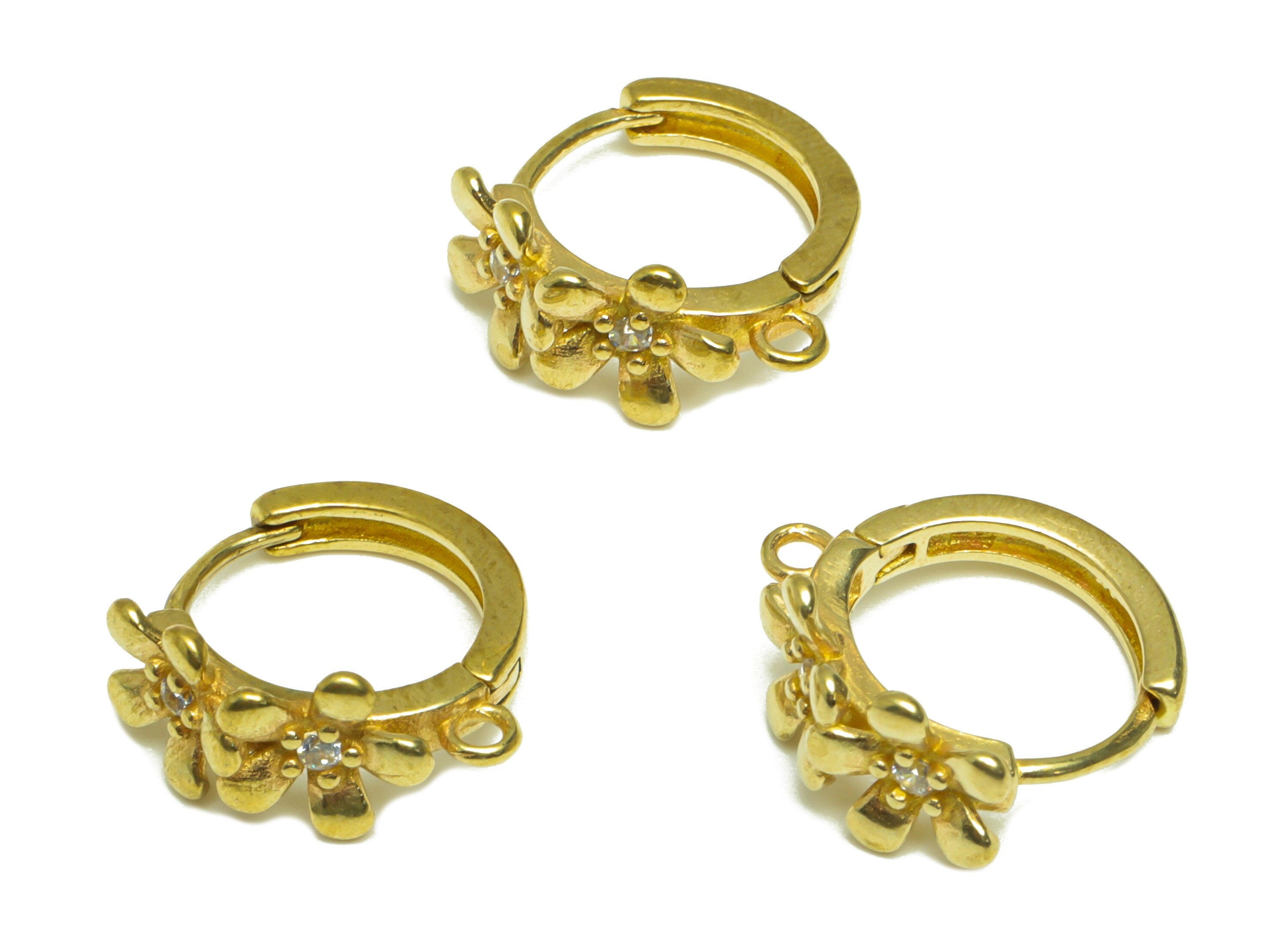 Brass CZ Flower Huggie Hoop Earring - Raw Brass Daisy Cubic Zircon Earring - Brass Flower Zircon Huggie Hoop With Loop - 16x15x8mm - PP10008 - DOMEDBAZAAR