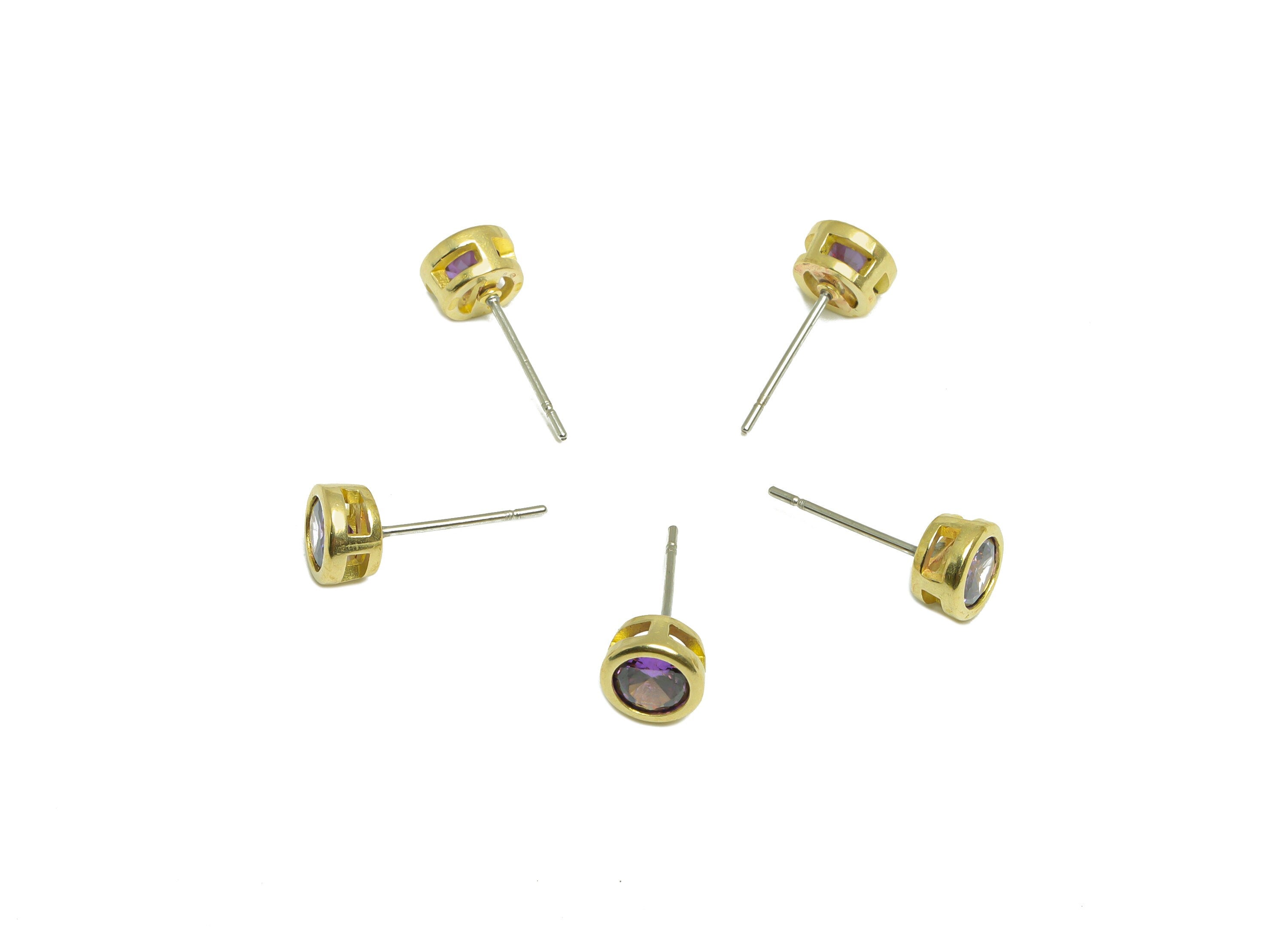 Deep Amethyst (CZ-10) Zircon Earring Stud - Raw Brass Minimalist CZ Earring Post - Cubic Zircon Earring Post - 16.04x6.6x4.4mm - PP9838K - DOMEDBAZAAR