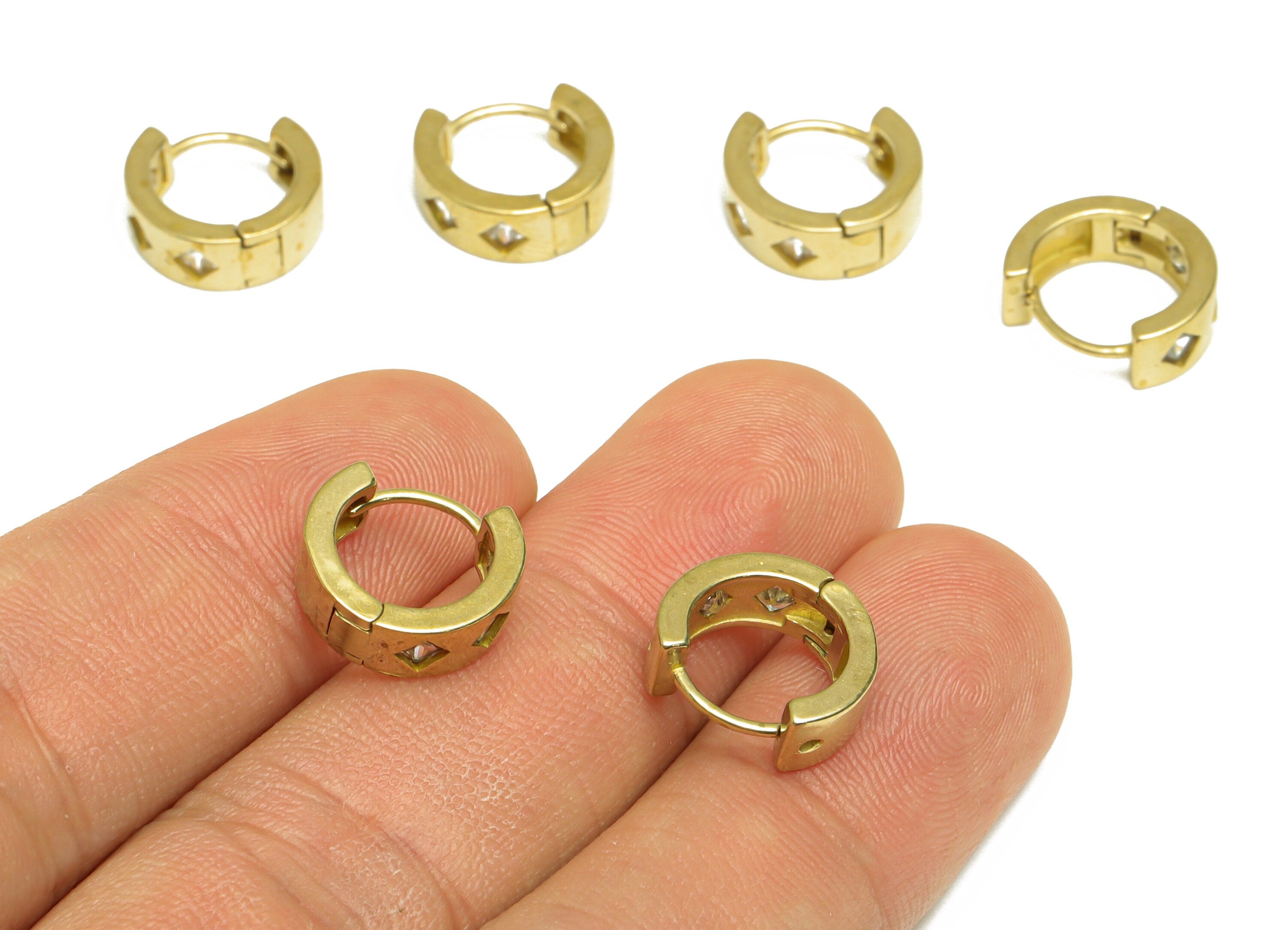 Brass Diamond Huggie Hoop Earring - Raw Brass CZ Thick Hoop Earring - Brass Cubic Zircon Hoop Huggie Earring - 12.7x11.8x4.6mm - PP10136 - DOMEDBAZAAR