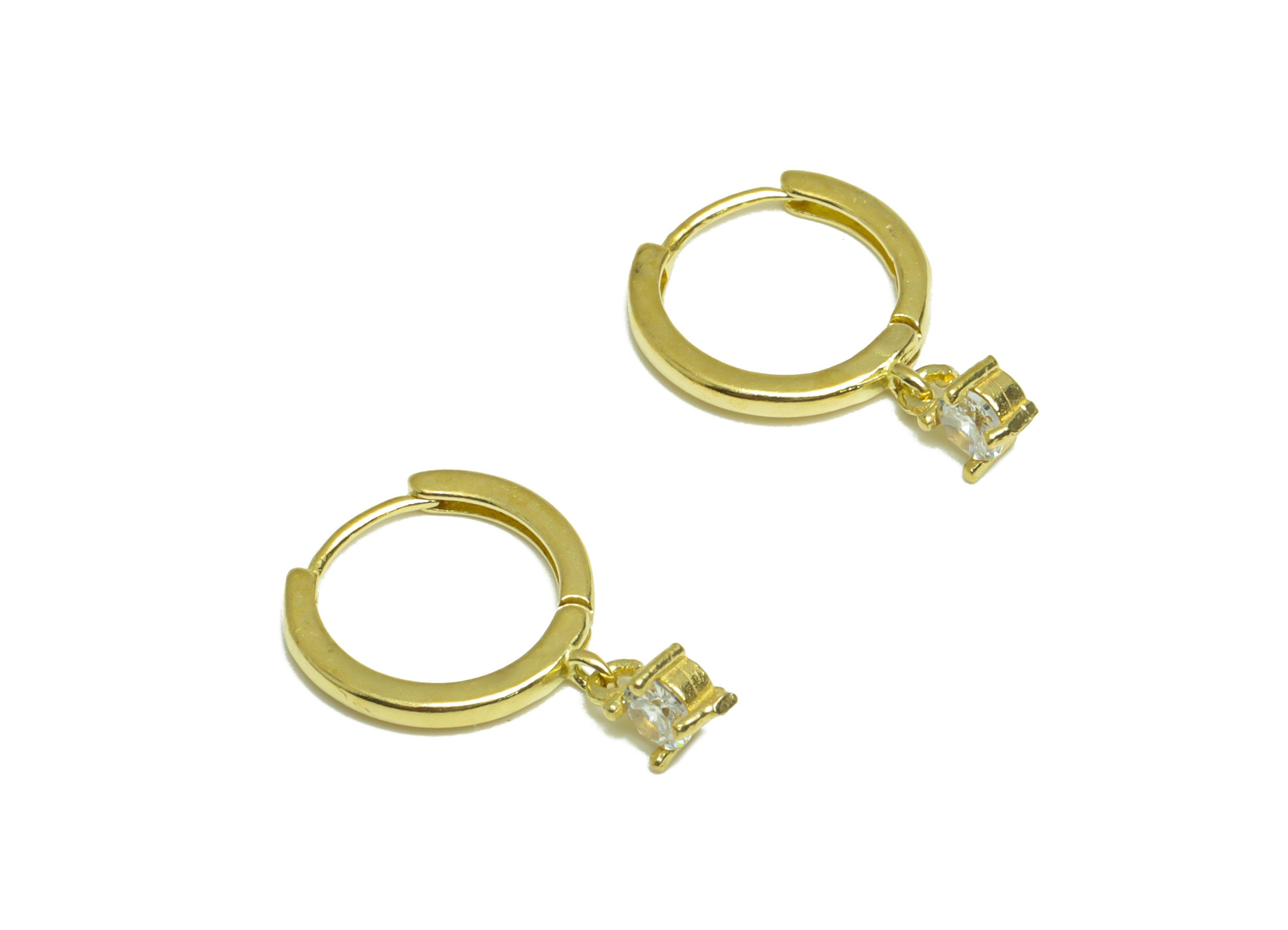 Brass Diamond Huggie Hoop Earring - Raw Brass CZ Dangle Hoop Earring - Brass Mini Cubic Zircon Hoop Huggie Earring - 14.8x11x3mm - PP10022 - DOMEDBAZAAR