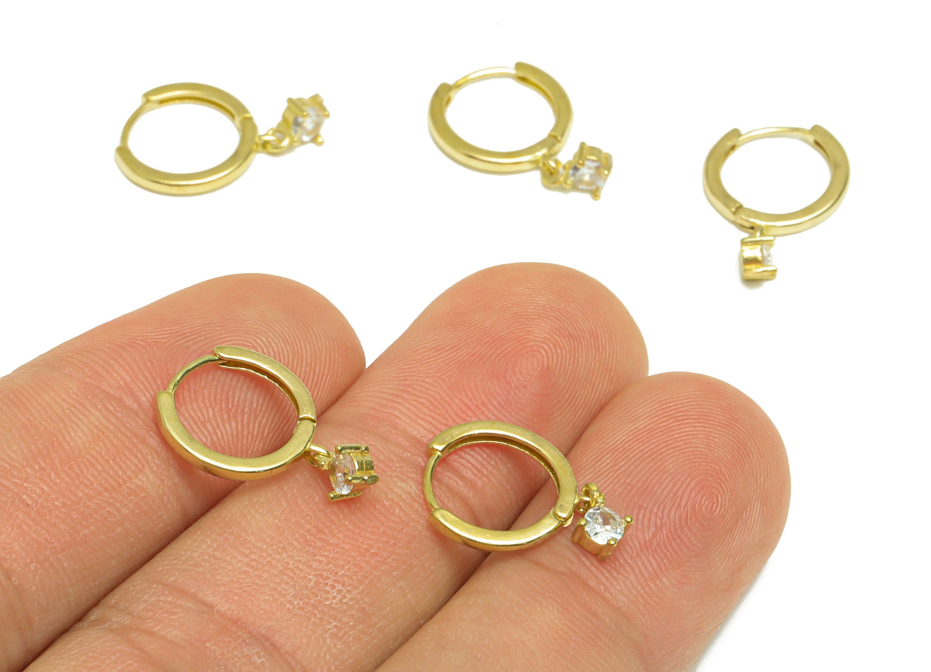 Brass Diamond Huggie Hoop Earring - Raw Brass CZ Dangle Hoop Earring - Brass Mini Cubic Zircon Hoop Huggie Earring - 14.8x11x3mm - PP10022 - DOMEDBAZAAR