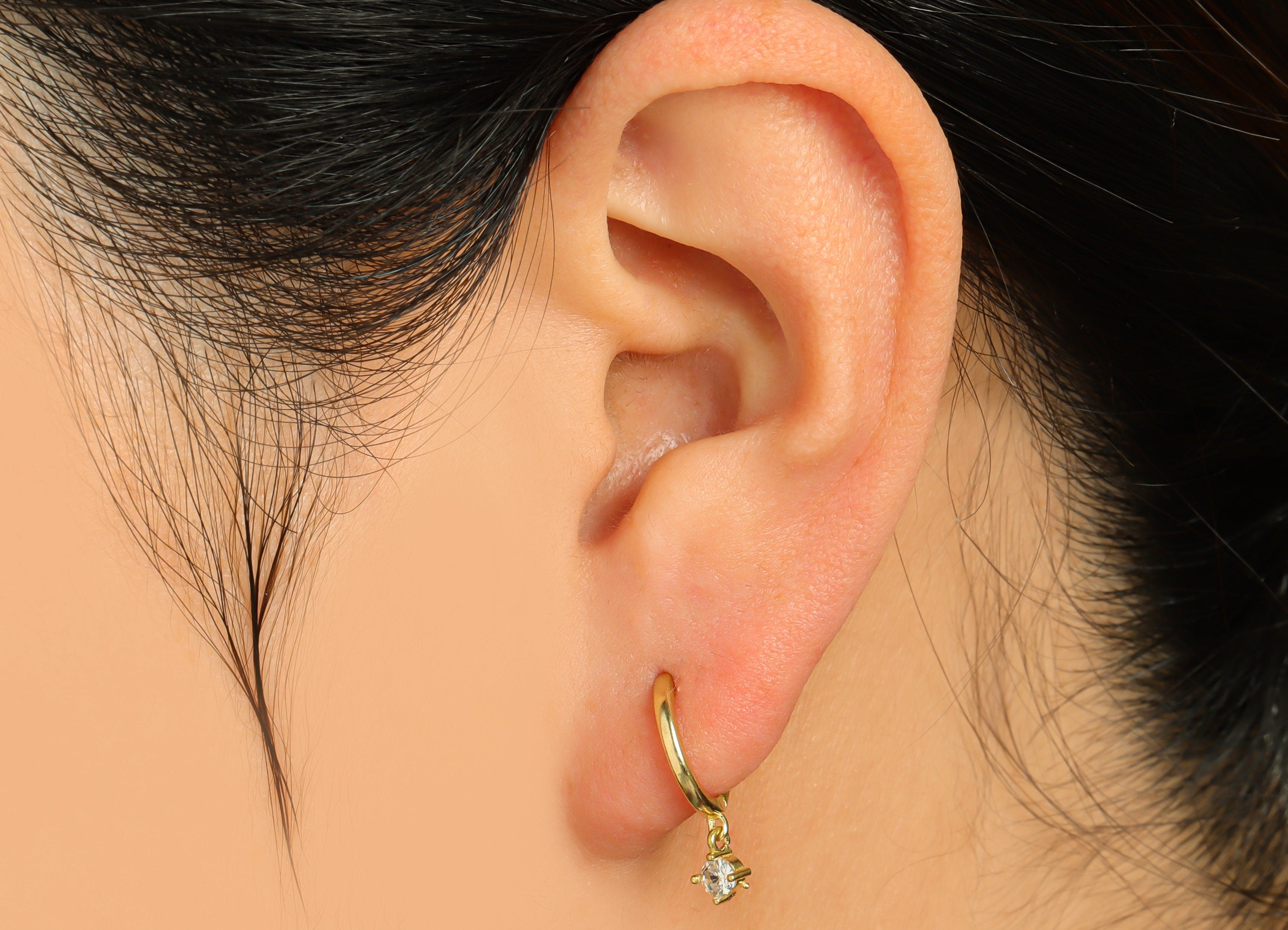 Brass Diamond Huggie Hoop Earring - Raw Brass CZ Dangle Hoop Earring - Brass Mini Cubic Zircon Hoop Huggie Earring - 14.8x11x3mm - PP10022 - DOMEDBAZAAR