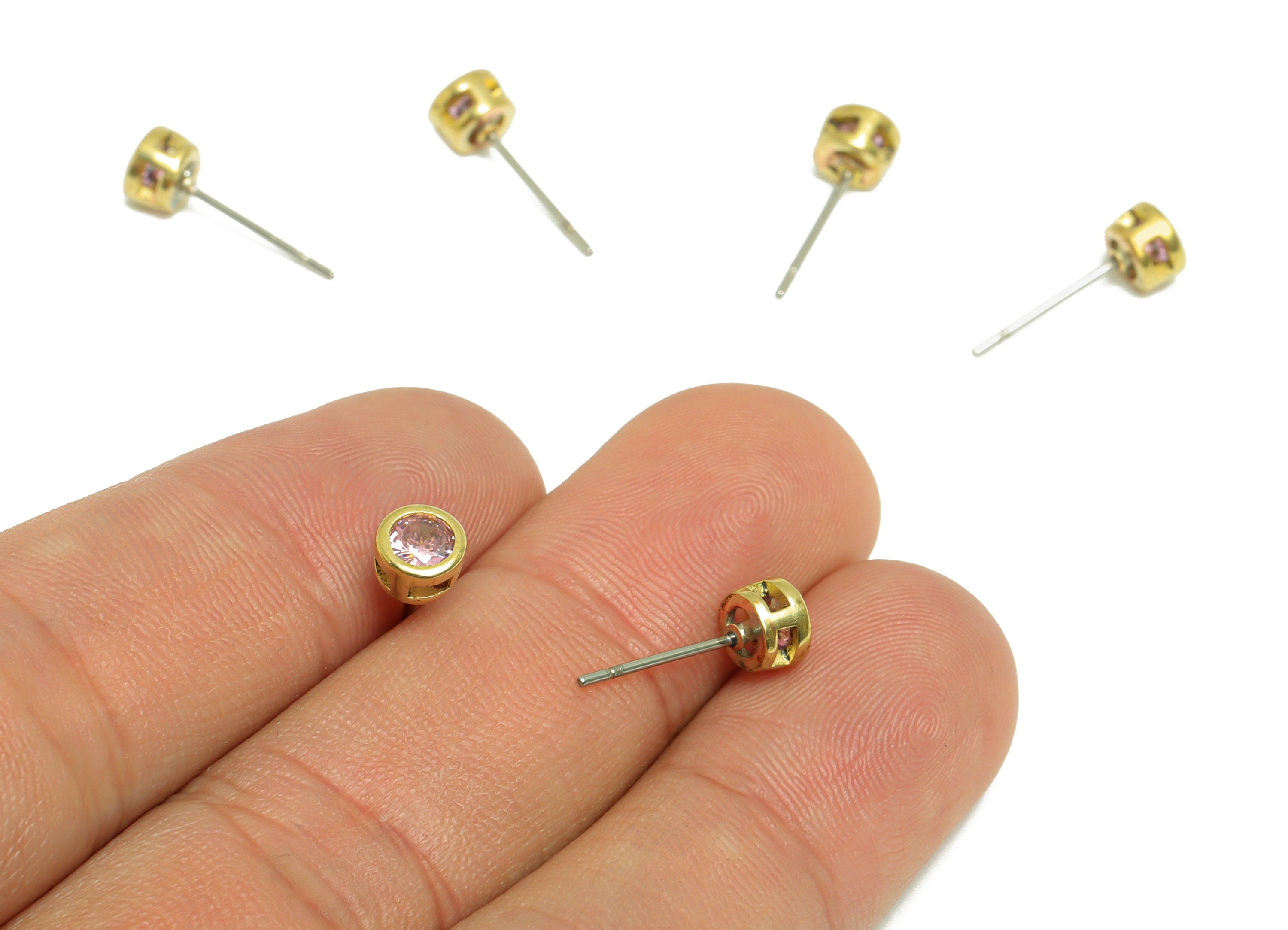 Pink (CZ-01) Zircon Earring Stud - Raw Brass Minimalist CZ Earring Post - Cubic Zircon Earring Post - 15.6x5.4x3.5mm - PP9825D - DOMEDBAZAAR