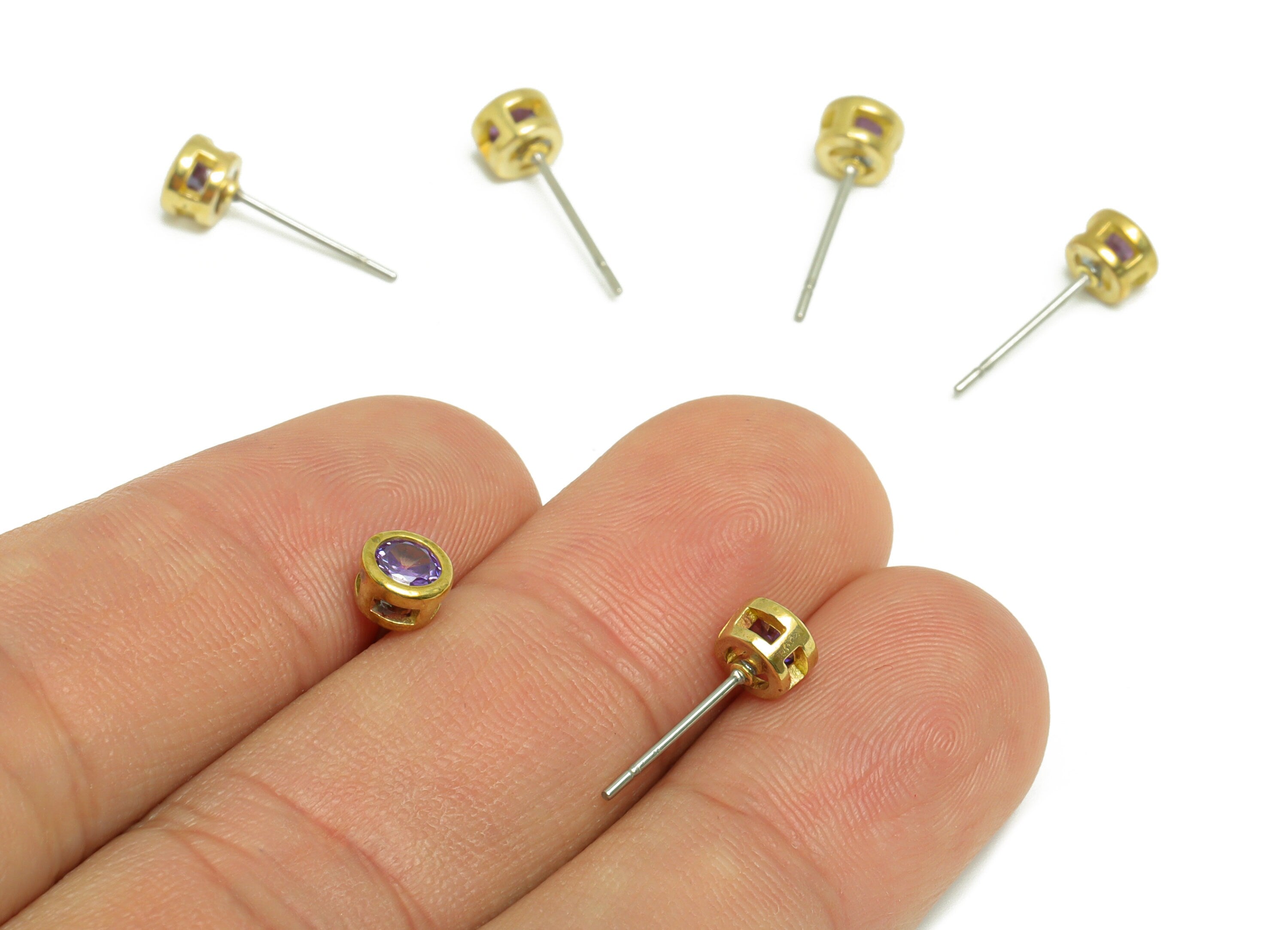 Deep Violet (CZ-08) Zircon Earring Stud - Raw Brass Minimalist CZ Earring Post - Cubic Zircon Earring Post - 15.6x5.4x3.5mm - PP9825H - DOMEDBAZAAR