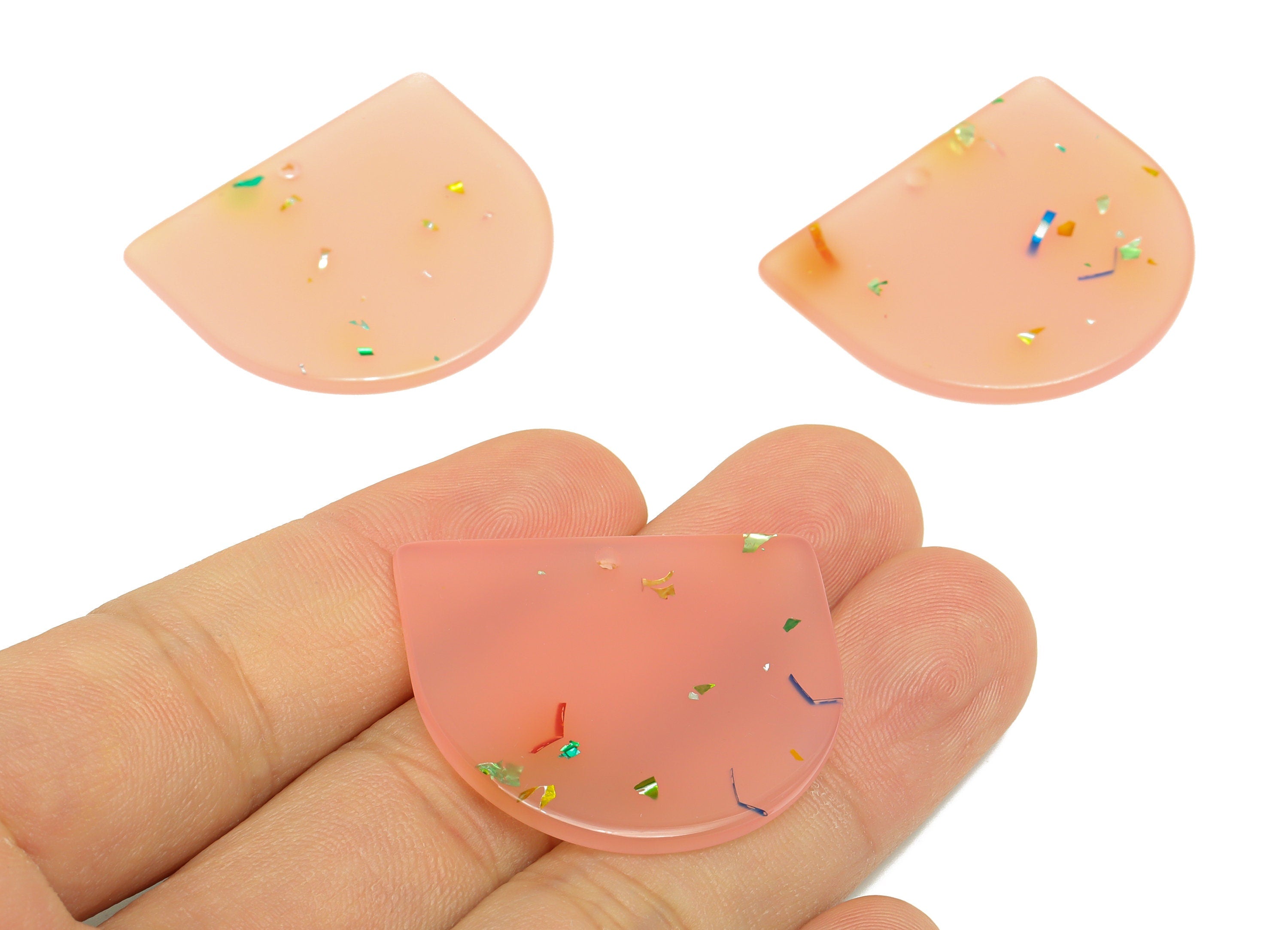 Acrylic D Earring Charms - Acrylic Pink Domed Pendant - Rainbow Foil & Confetti Earring - Color Code: A1015 - 33.48x29x2mm - AC1094-A1015 - DOMEDBAZAAR