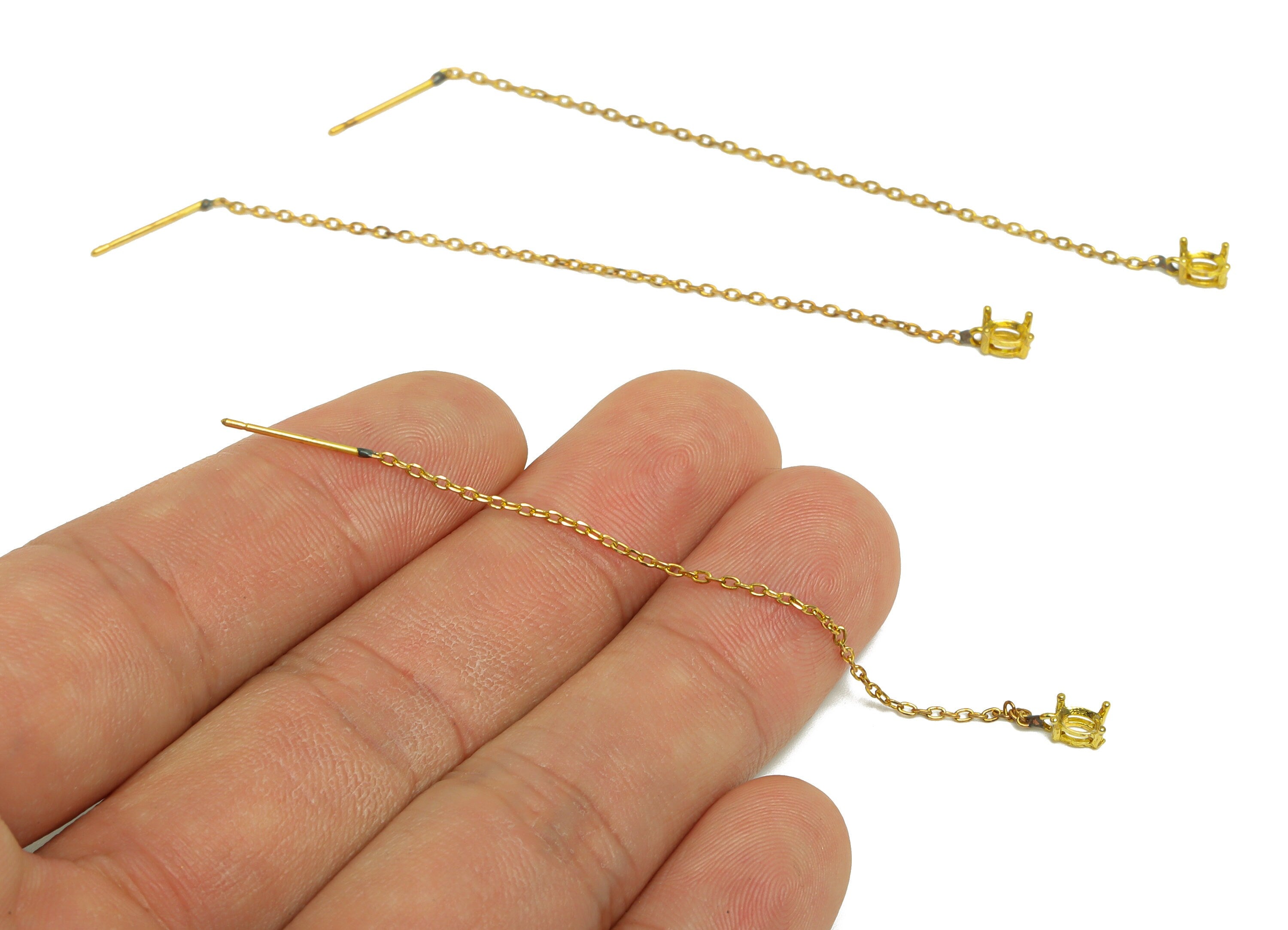 3*4 Oval CZ Setting Chain Earring Stud - Raw Brass Oval Chain Tassel - CZ Setting Chain Earring - Diamond Setting - 89x3.4x3.2mm - PP10308 - DOMEDBAZAAR