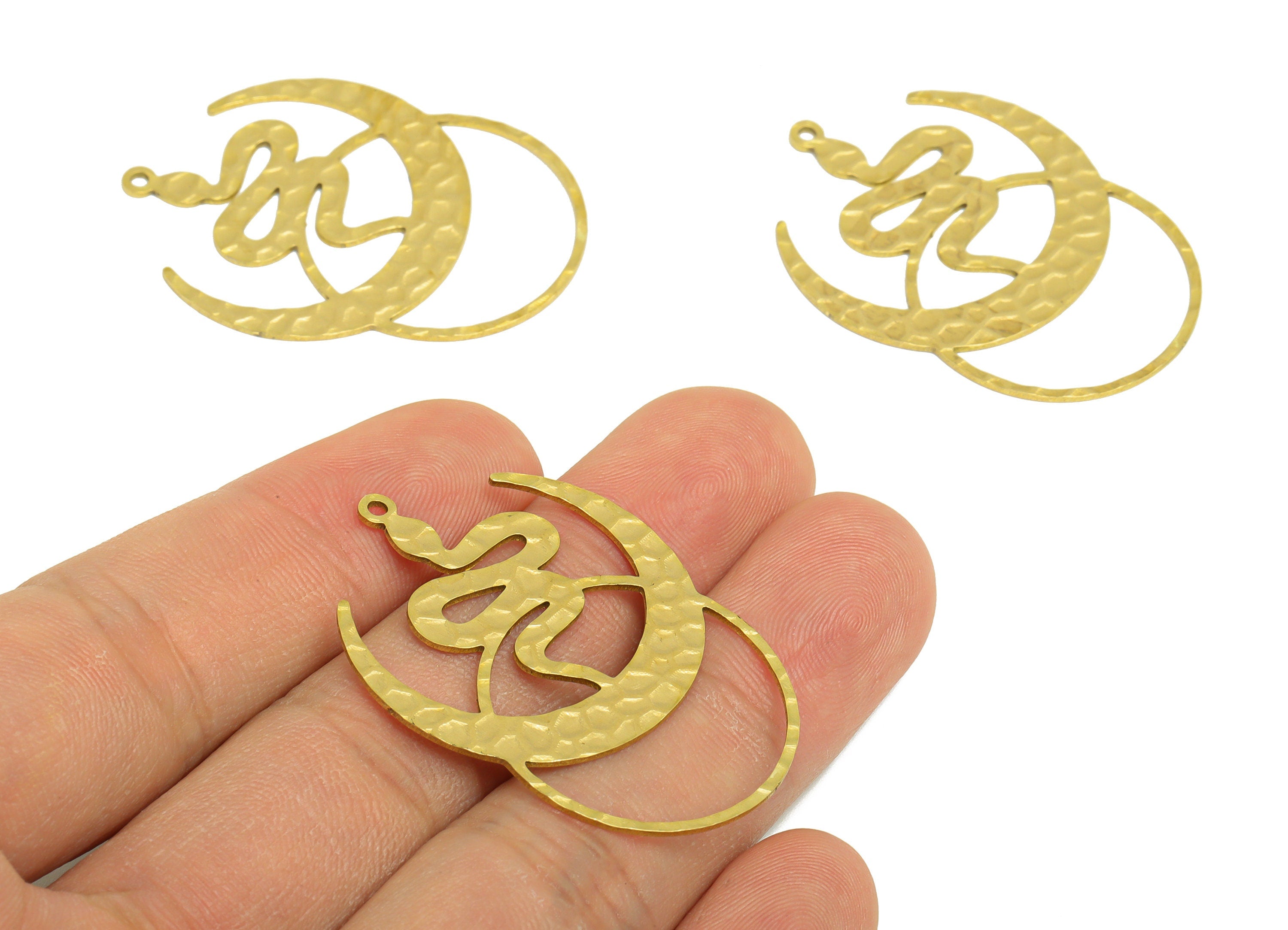 Hammered Snake Earring Charm - Raw Brass Crescent Earring Charm - Brass Hammered Snake Pendant - Moon Snake Charm - 42x30x0.8mm - PP10305 - DOMEDBAZAAR