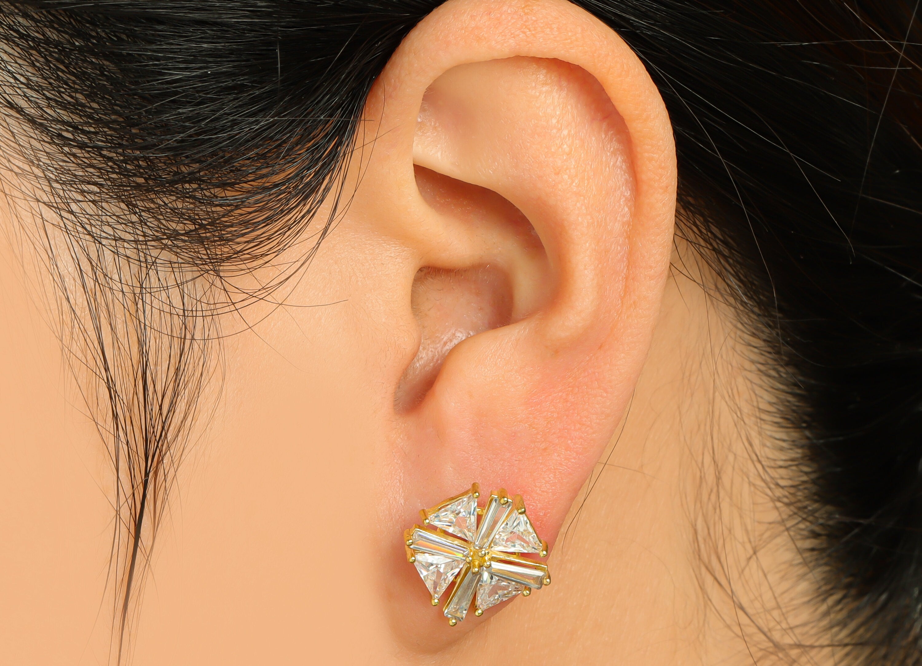 Brass CZ Geometry Earring Post - Raw Brass Cubic Zircon Trapezoid Earring Post - Brass Triangle Earring Post - 15.6x12.9x4mm - PP10089 - DOMEDBAZAAR