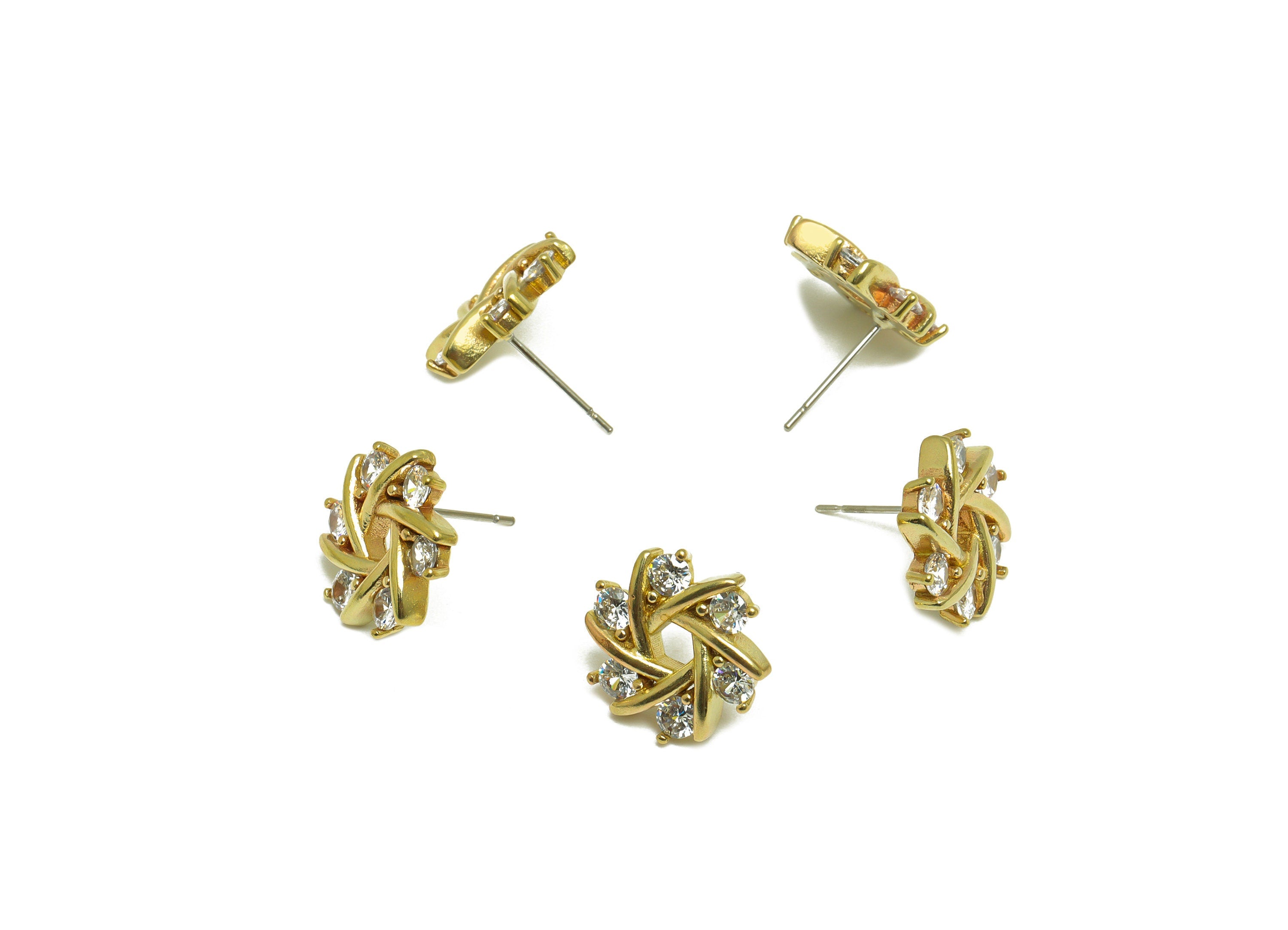 Brass CZ Flower Earring Post - Raw Brass Rotate Cubic Zircon Earring Post - Brass Flower Zircon Earring Post - 14.9x14.8x3.2mm - PP10075 - DOMEDBAZAAR