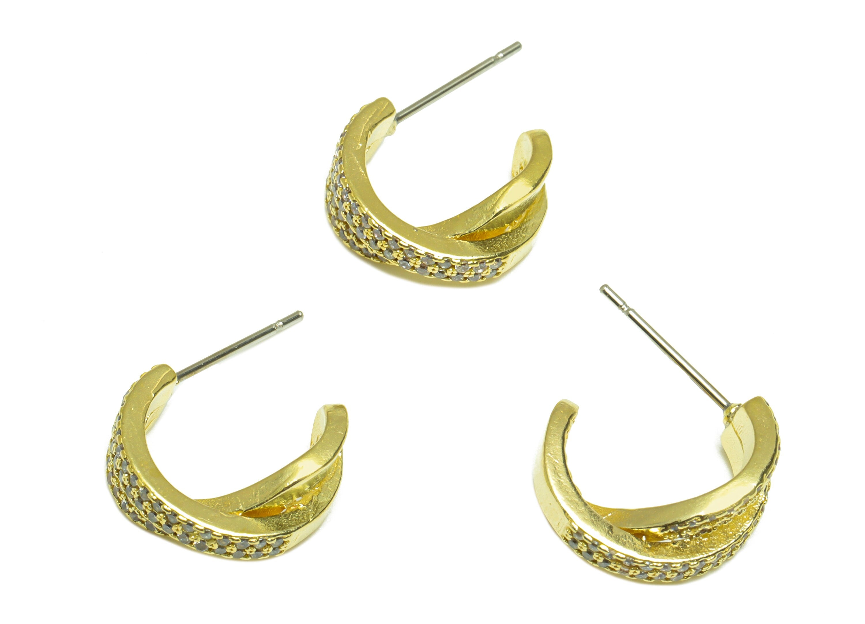 Brass CZ Hoop Earring Post - Raw Brass C Hoop Cubic Zircon Earring Post - Brass Cross Open Hoop Zircon Earring Post - 20x14.5x6mm - PP10113 - DOMEDBAZAAR