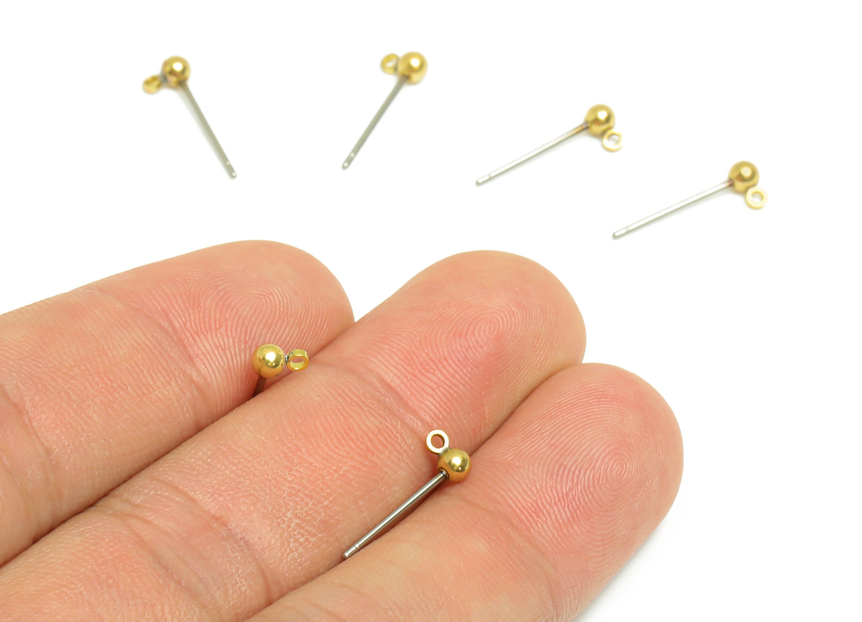 3mm Ball Stud Earrings With Loop - Brass Ball Pad Stud - Brass Bead Earring Post- Earring Charms - Jewelry Supplies - 15.5x4.9x3mm -PP9977-3 - DOMEDBAZAAR