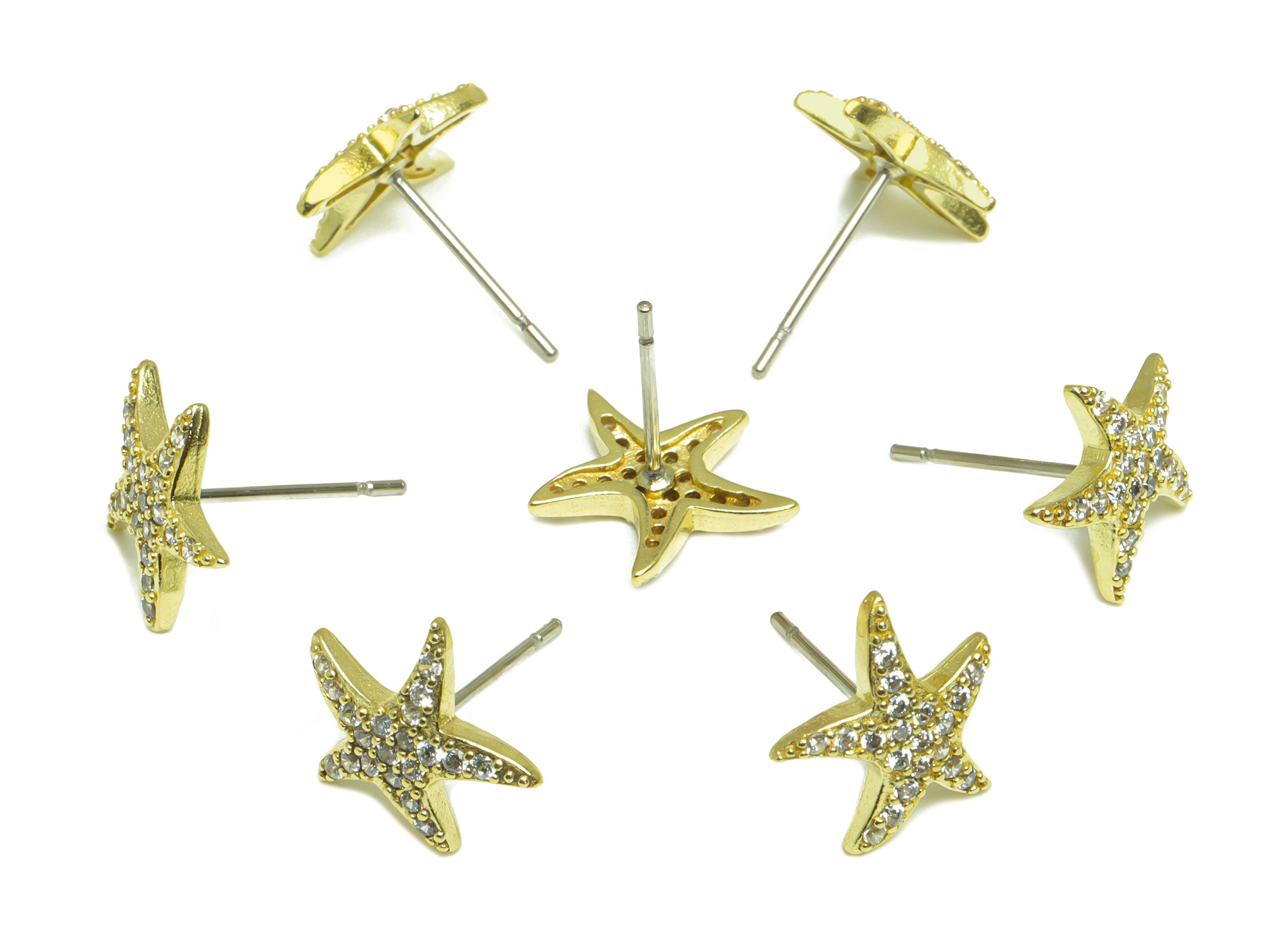 Brass CZ Starfish Earring Post - Raw Brass Starfish Cubic Zircon Earring Post - Brass Star Zircon Earring Post - 13.3x10.3x2.15mm - PP10106 - DOMEDBAZAAR