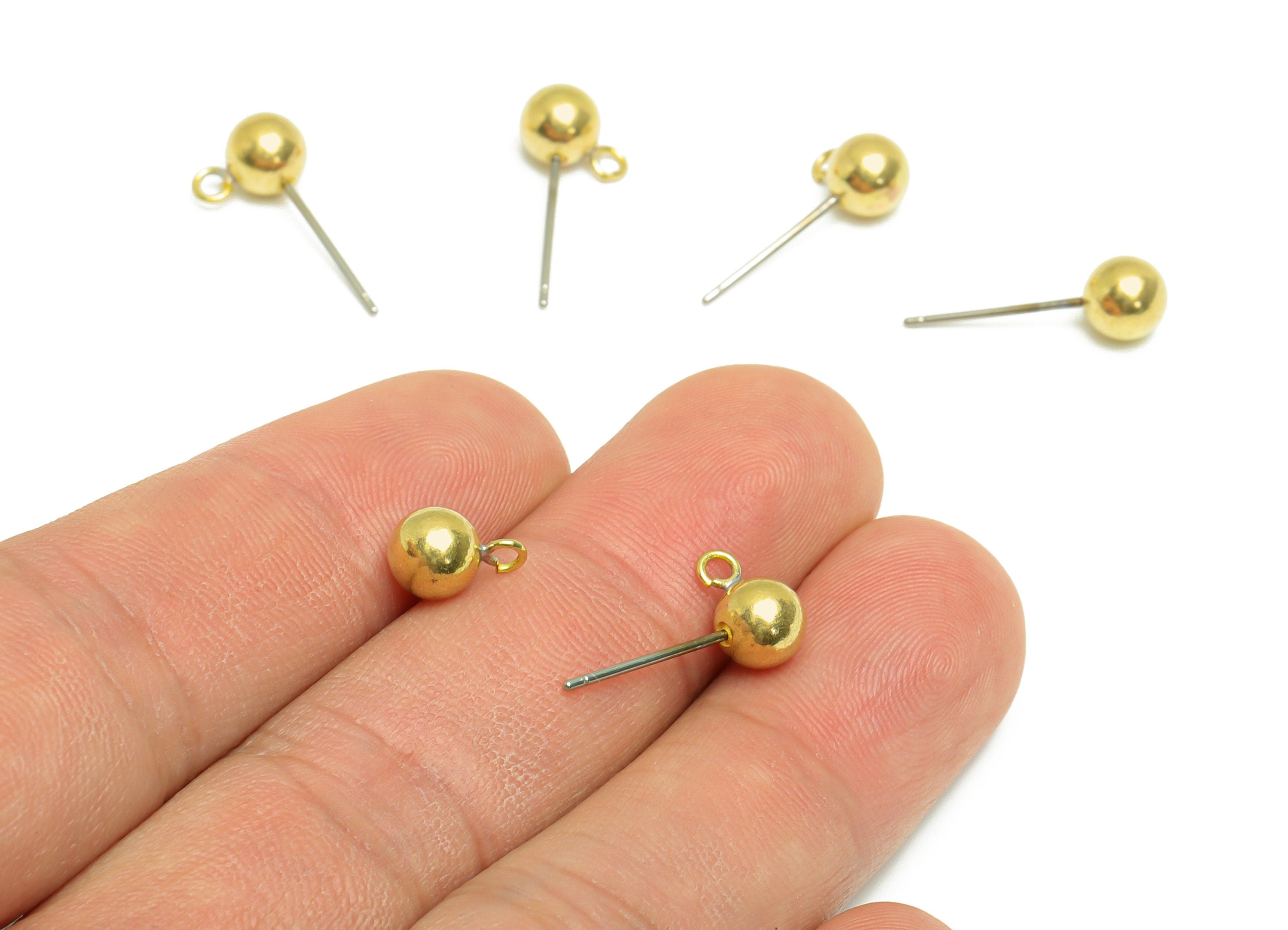 6mm Ball Stud Earrings With Loop - Brass Ball Pad Stud - Brass Bead Earring Post- Earring Open Loop - Jewelry Supplies - 18x9x6mm -PP9899-6 - DOMEDBAZAAR
