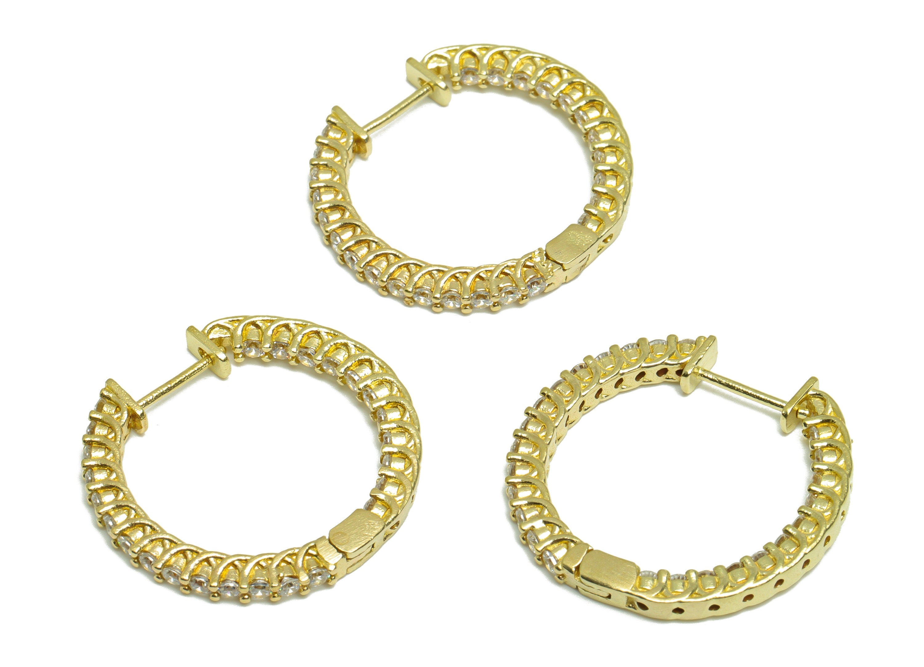Brass CZ Huggie Hoop Earring - Brass Hoop Cubic Zircon Earring - Textured Huggie Earring - Zircon Huggie Hoop Clasp - 26x25.3x2mm - PP10004 - DOMEDBAZAAR