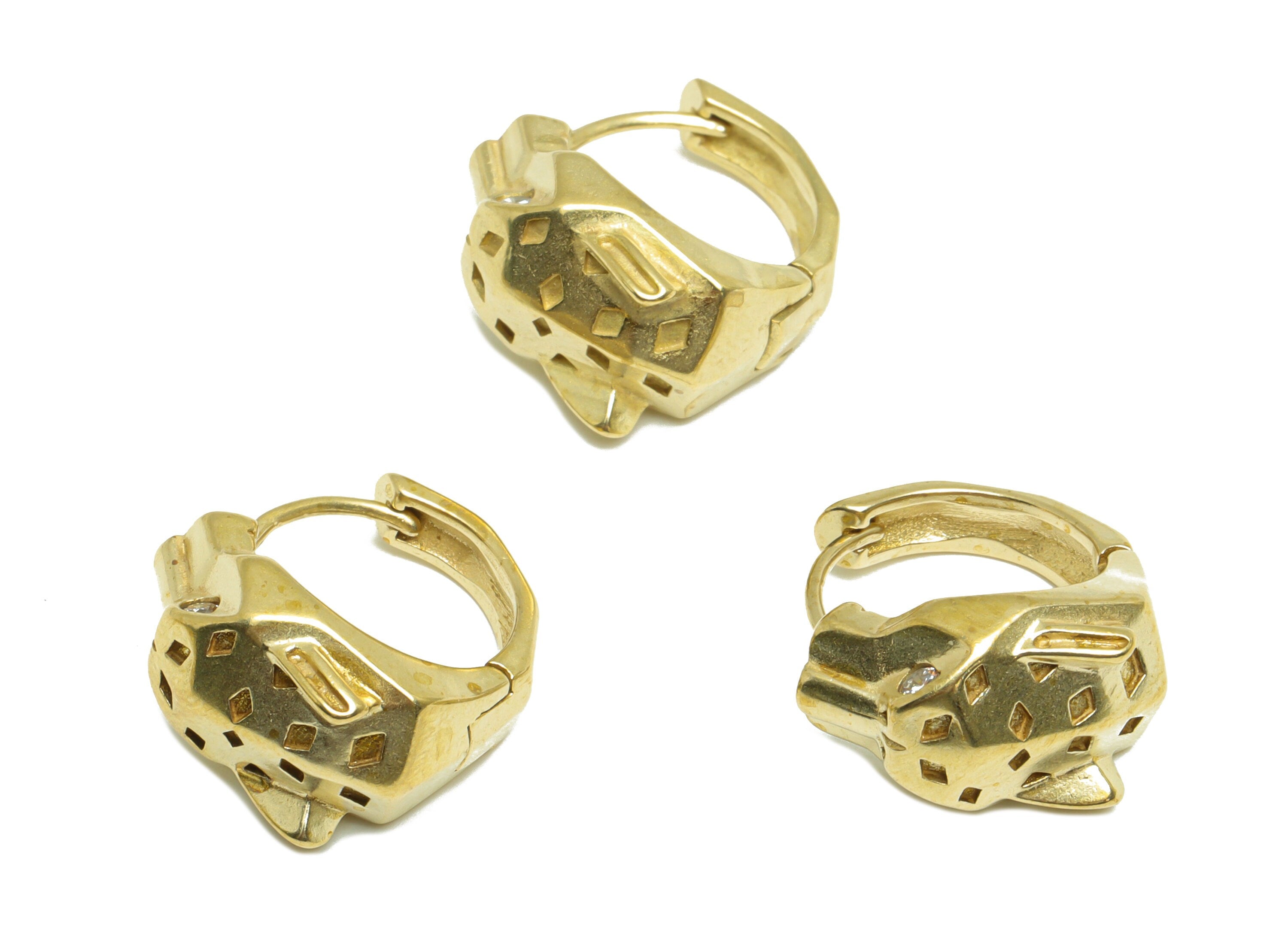 Brass CZ Huggie Hoop Earring - Raw Brass Hoop Wolf Zircon Earring - Leopord CZ Huggie Hoop Earring - Dog Earring Hoop -18.9x16x11mm - PP9915 - DOMEDBAZAAR