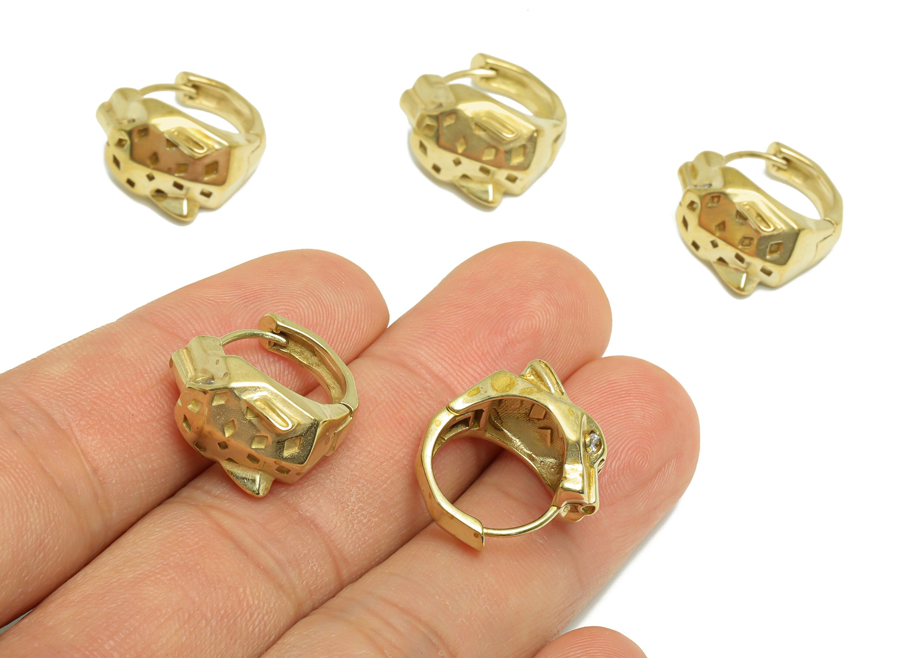 Brass CZ Huggie Hoop Earring - Raw Brass Hoop Wolf Zircon Earring - Leopord CZ Huggie Hoop Earring - Dog Earring Hoop -18.9x16x11mm - PP9915 - DOMEDBAZAAR