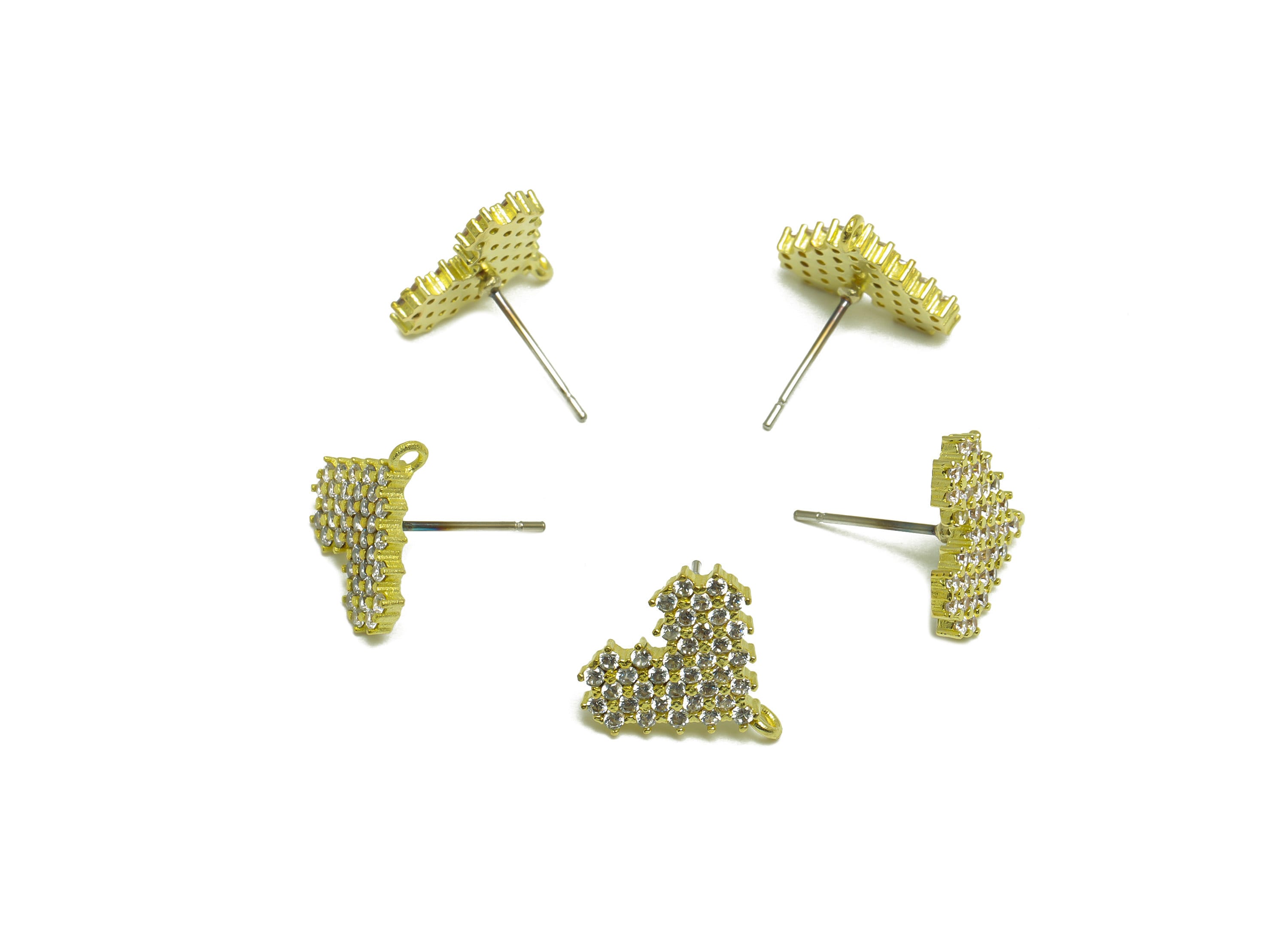 Brass CZ Heart Earring Post - Raw Brass Heart Cubic Zircon Earring Post With Loop - Brass Heart Zircon Earring Post - 14.5x13x2mm - PP10076 - DOMEDBAZAAR