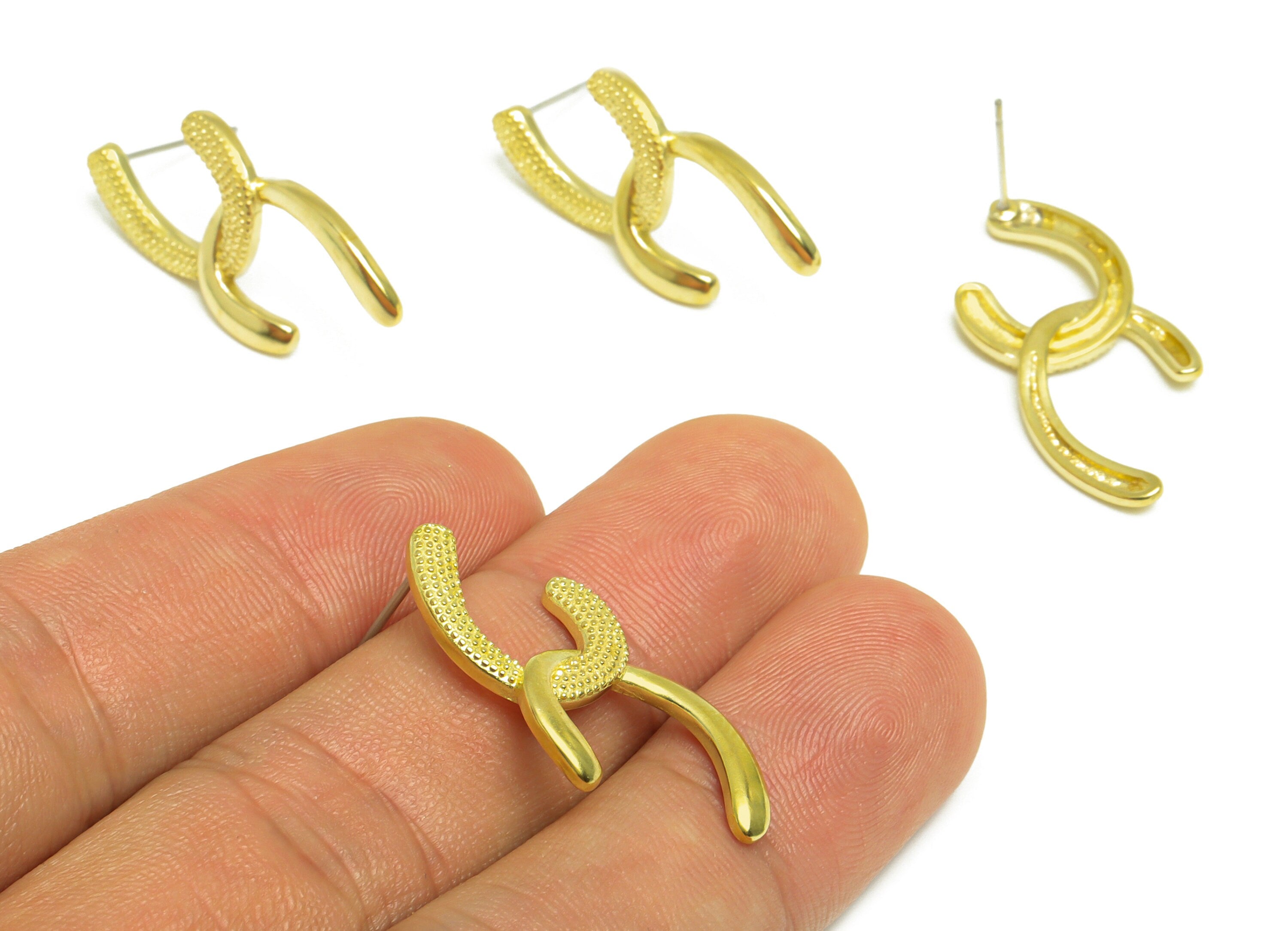 Brass C Wire Earring Interlock Post - Raw Brass Textured C Earring Post - Brass Link C Earring Post - Brass Steel Stud - 32x13x2mm - PP10056 - DOMEDBAZAAR