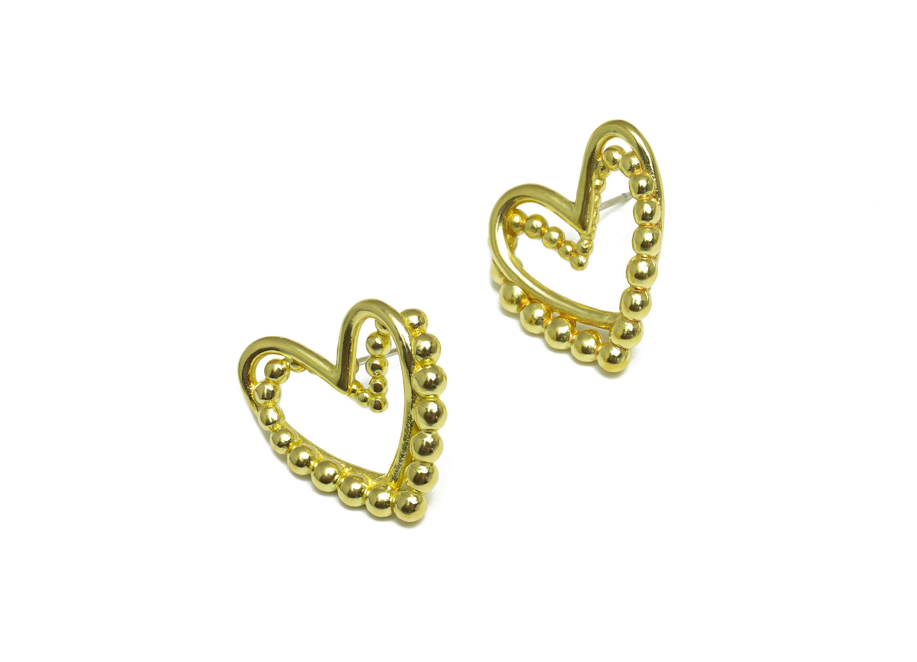 Brass Heart Earring Post - Raw Brass Heart Wire Earring Post - Brass Heart Beaded Earring Post - Beaded Steel Stud - 22.5x21x3.6mm - PP10057 - DOMEDBAZAAR