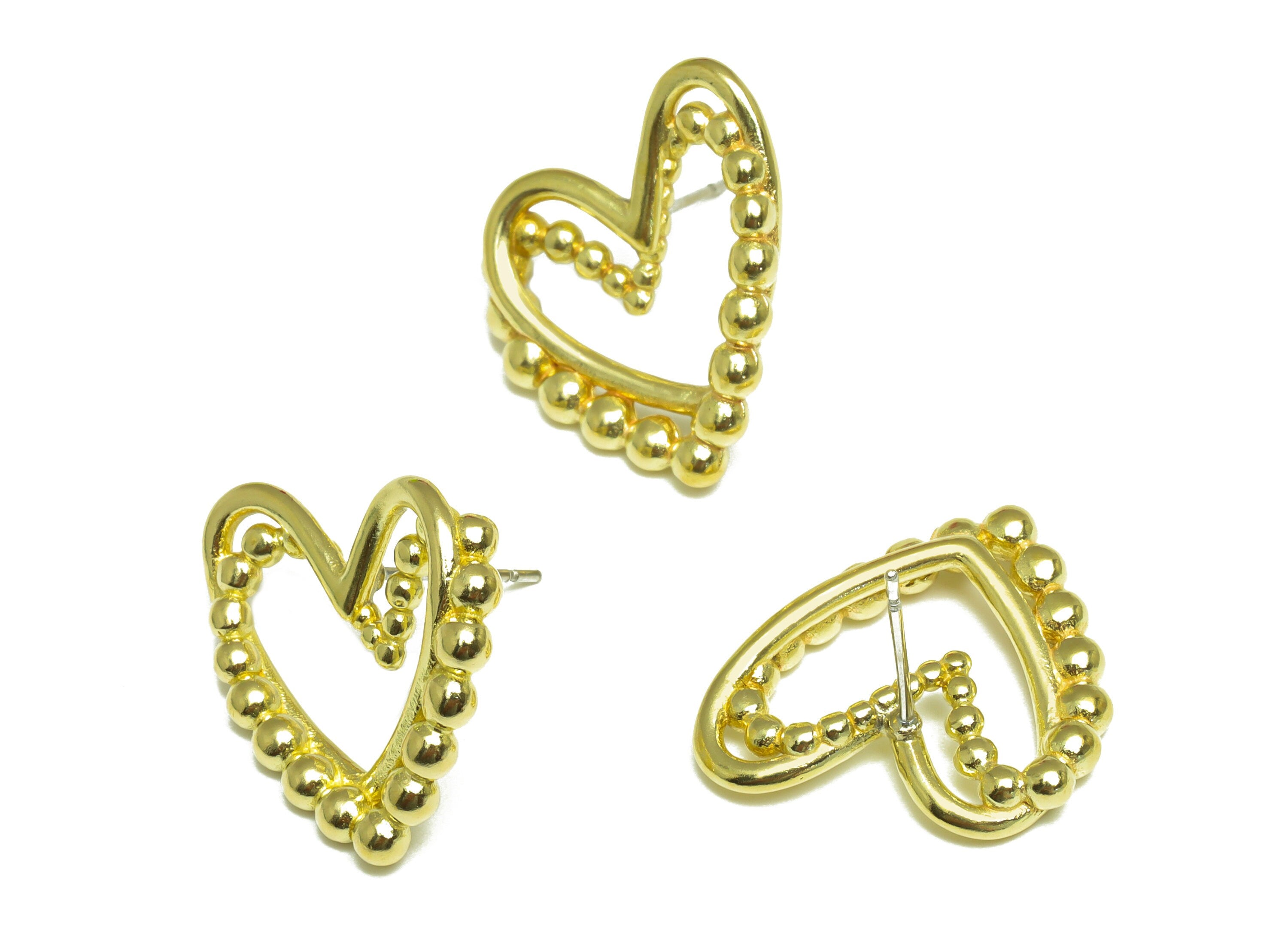 Brass Heart Earring Post - Raw Brass Heart Wire Earring Post - Brass Heart Beaded Earring Post - Beaded Steel Stud - 22.5x21x3.6mm - PP10057 - DOMEDBAZAAR