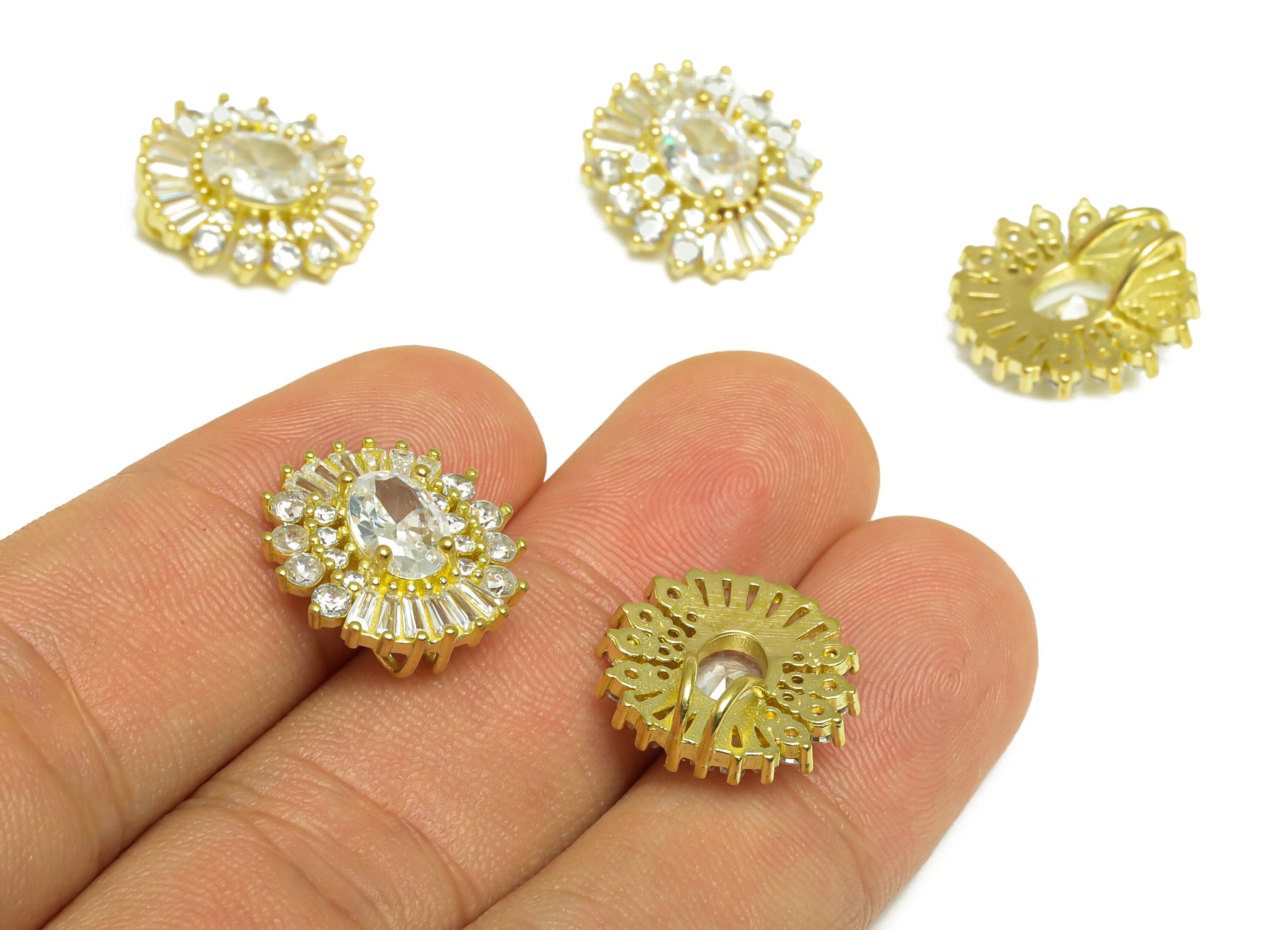 Brass CZ Oval Pendant - Raw Brass Round Cubic Zircon Charm - Brass Circle Pendant - For Necklace - Cubic Zircon Charm - 16x16x5mm - PP10074 - DOMEDBAZAAR