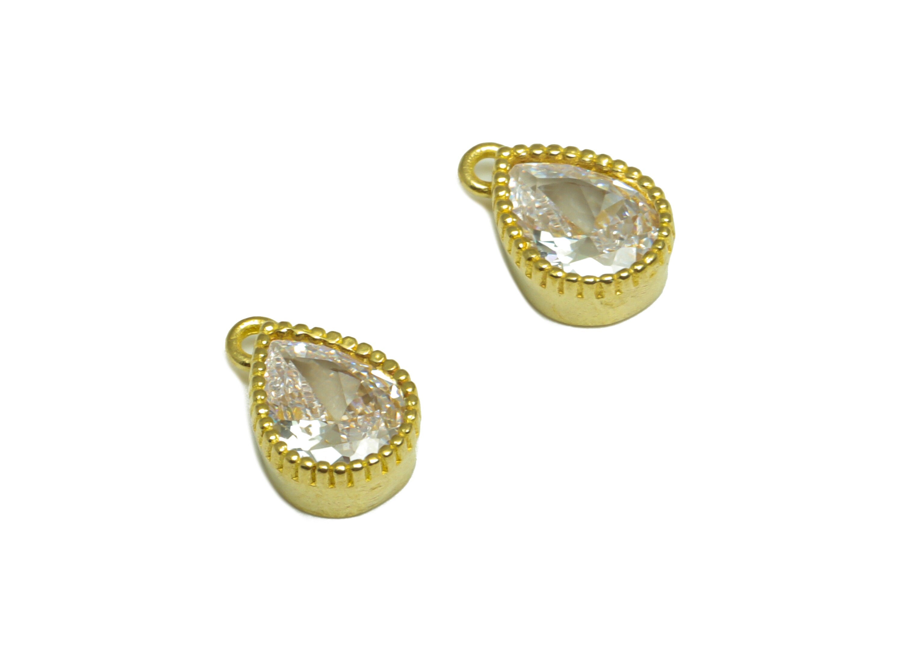 Brass CZ Drop Pendant - Raw Brass Teardrop Cubic Zircon Earring Charm - Brass Diamond Pendant - Cubic Zircon Charm - 11.2x7.4x3mm - PP10066 - DOMEDBAZAAR