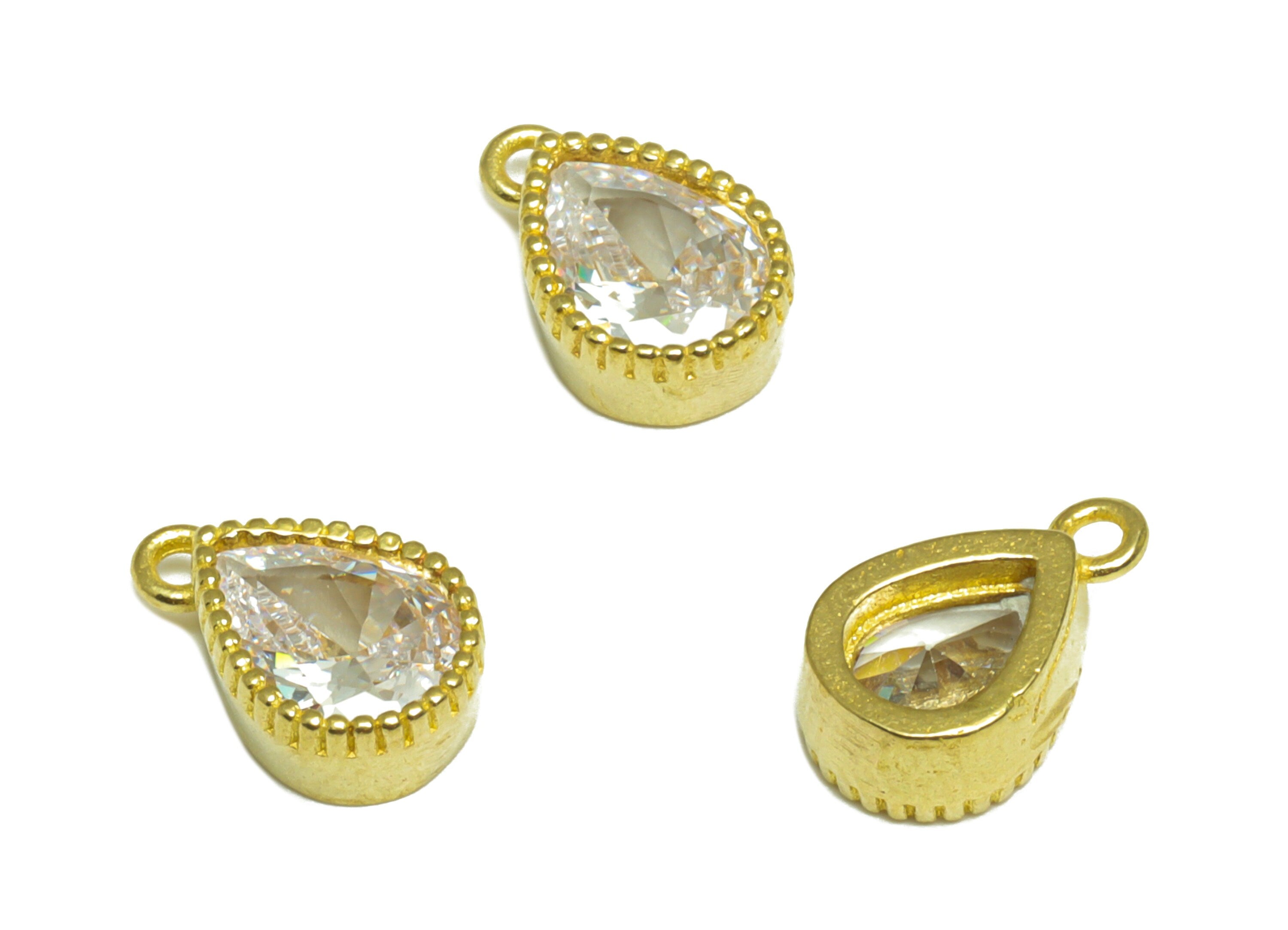 Brass CZ Drop Pendant - Raw Brass Teardrop Cubic Zircon Earring Charm - Brass Diamond Pendant - Cubic Zircon Charm - 11.2x7.4x3mm - PP10066 - DOMEDBAZAAR