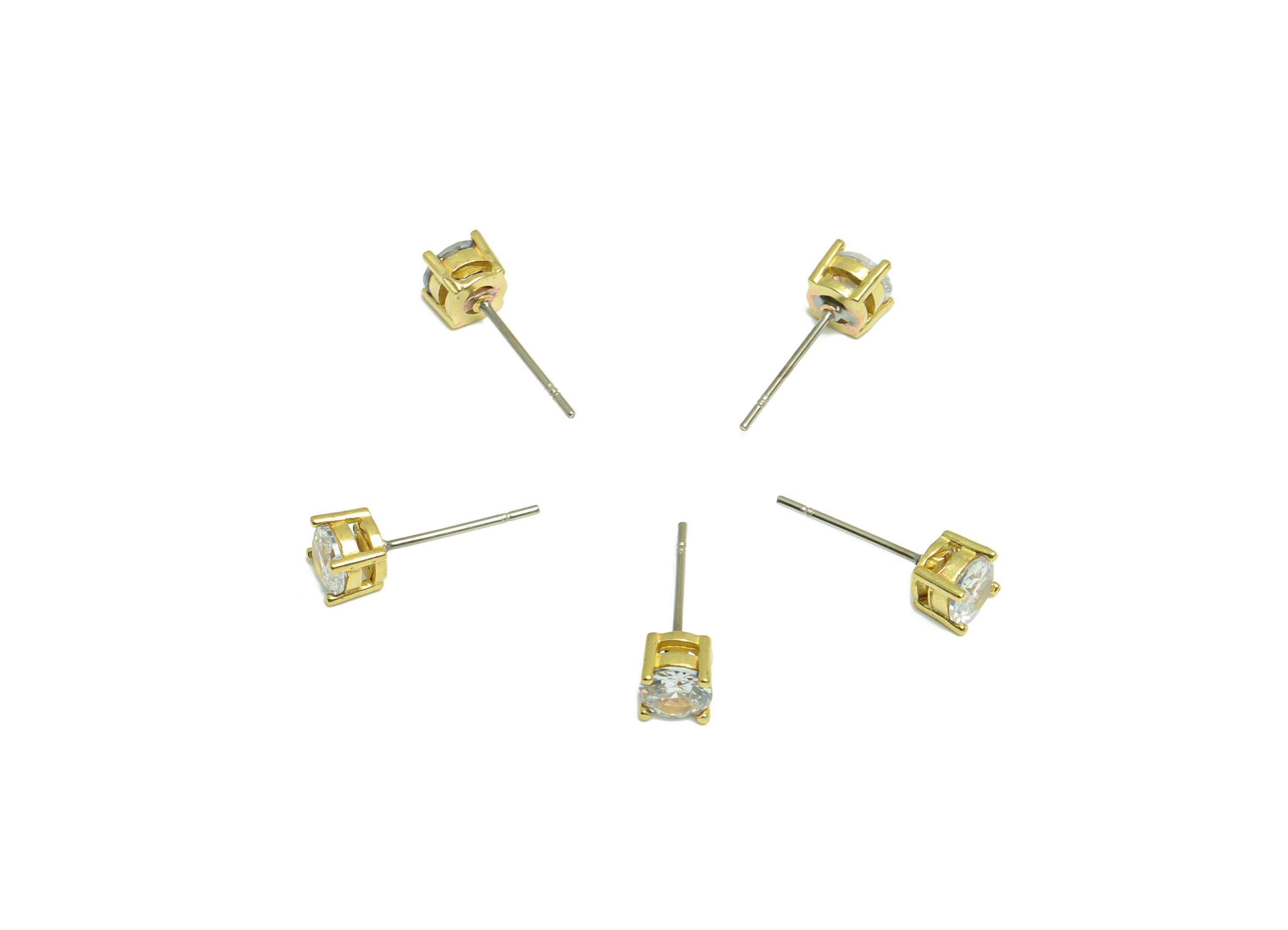 5mm CZ Minimalist Earring  - Raw Brass CZ Earring Post - Cubic Zircon Earring Post - Stainless Steel Stud - 16.4x5.1x4.8mm- PP9890-5 - DOMEDBAZAAR