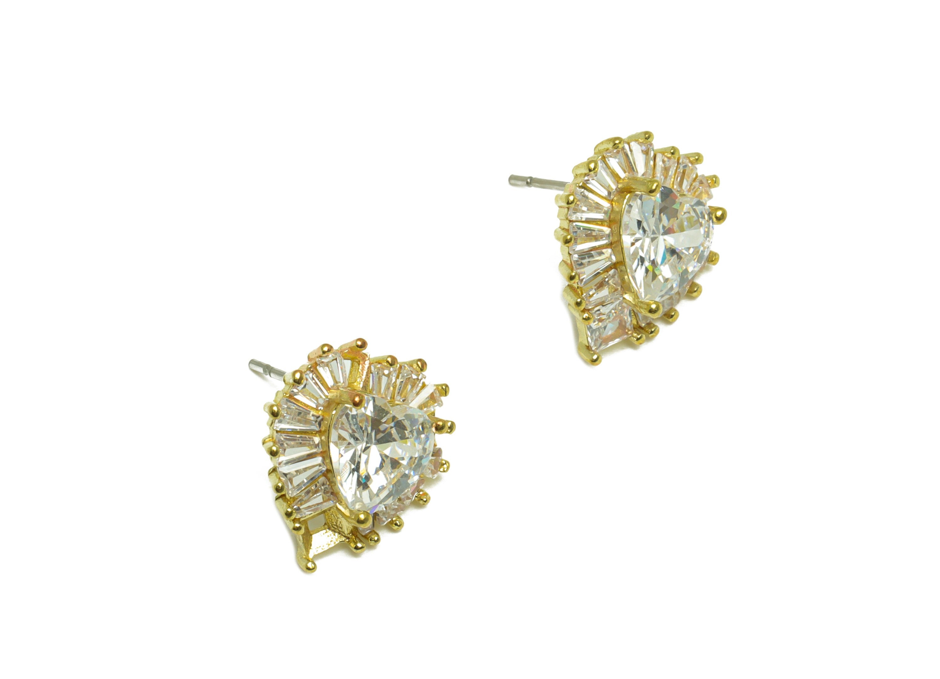 Brass CZ Heart Earring Stud - Raw Brass Heart Cubic Zircon Earring Post - Brass Heart Zircon Earring Post - 16.5x14x5.04mm - PP10110 - DOMEDBAZAAR