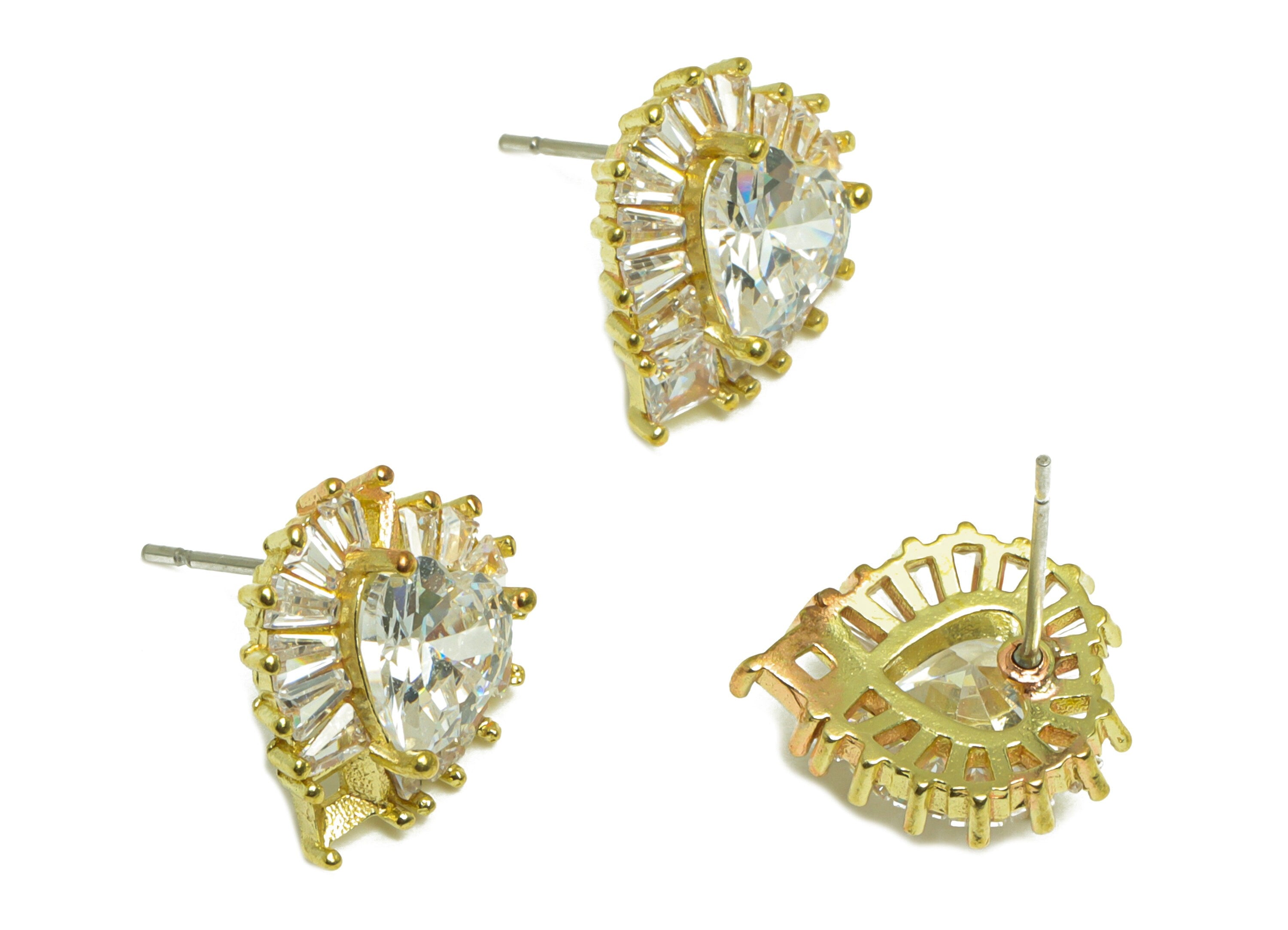 Brass CZ Heart Earring Stud - Raw Brass Heart Cubic Zircon Earring Post - Brass Heart Zircon Earring Post - 16.5x14x5.04mm - PP10110 - DOMEDBAZAAR