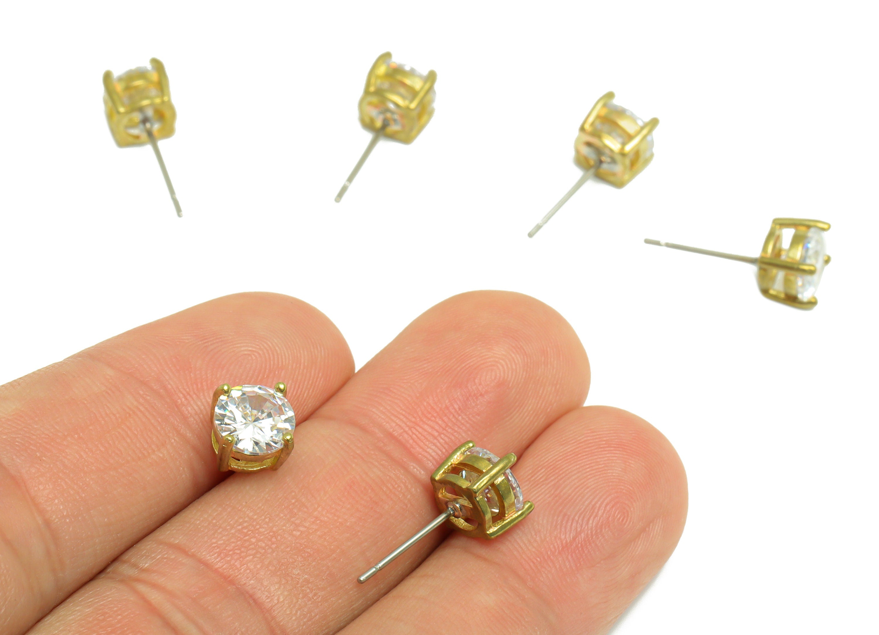 7mm CZ Minimalist Earring  - Raw Brass CZ Earring Post - Cubic Zircon Earring Post - Stainless Steel Stud - 17.5x7x7mm- PP9890-7 - DOMEDBAZAAR