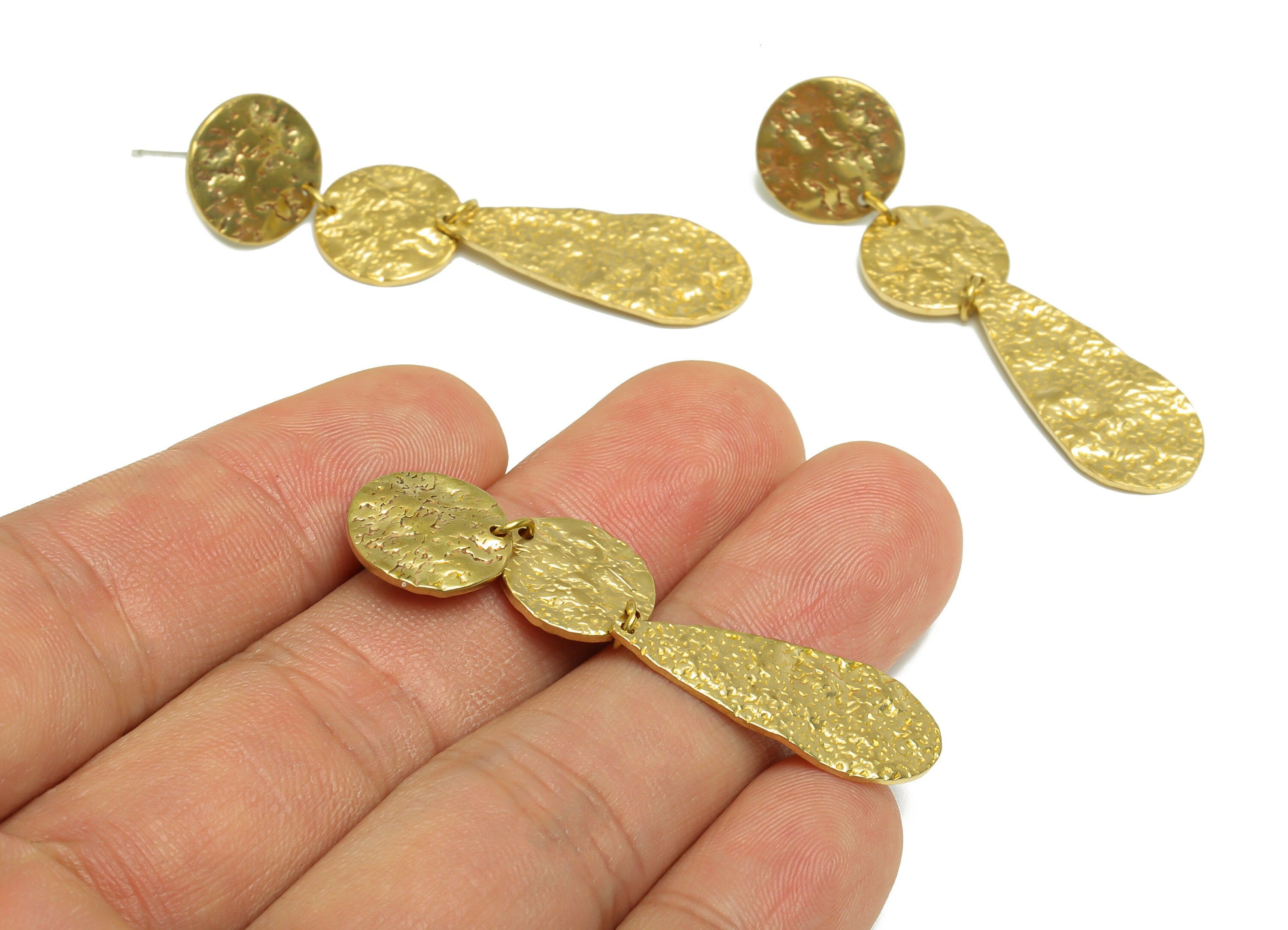 Brass Hammered Drop Earring Post - Brass Textured Round Earring Stud - Brass Hammered Dangel Earring Post - 49.8x12.8x1.4mm - PP9983 - DOMEDBAZAAR