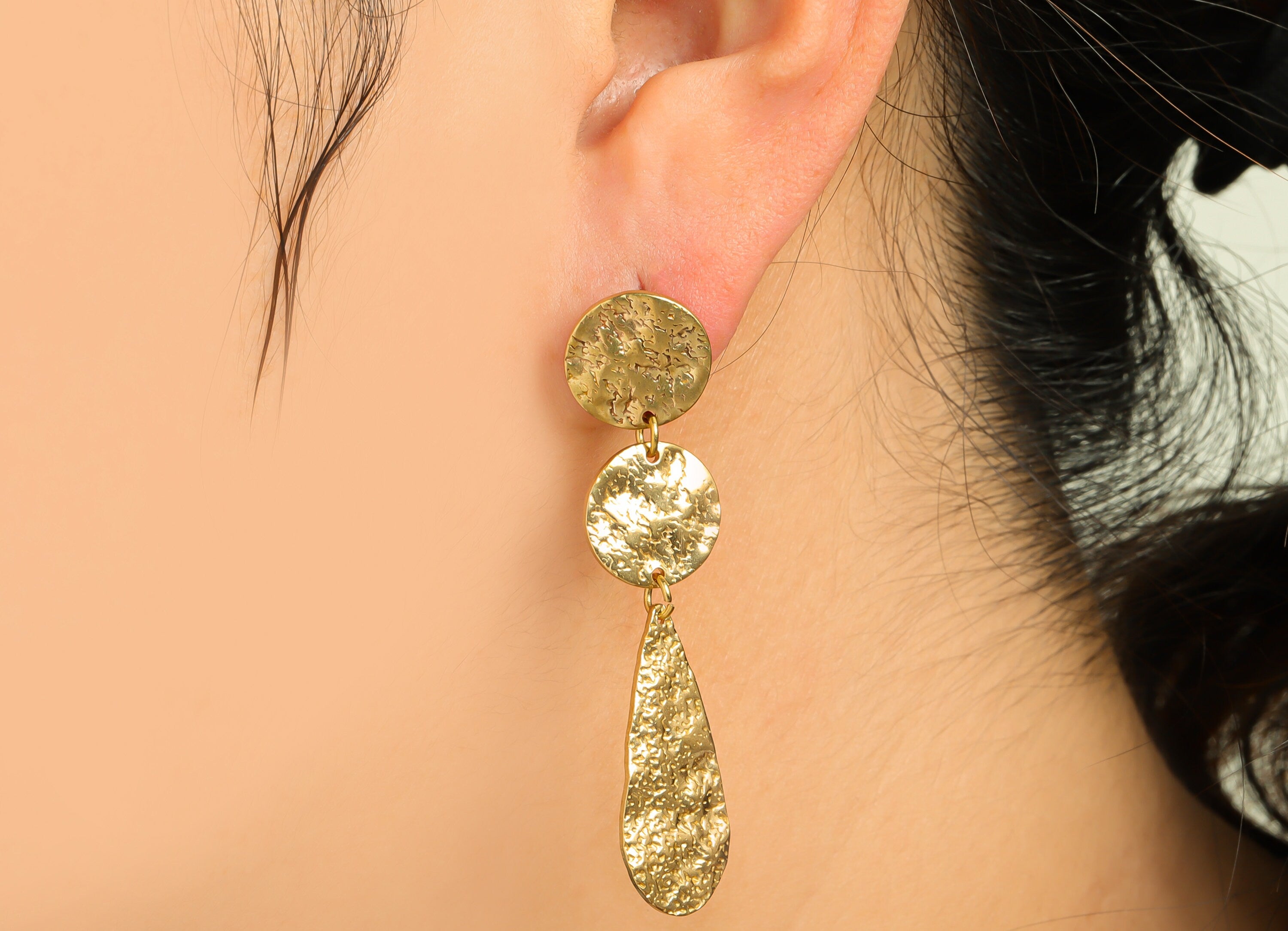 Brass Hammered Drop Earring Post - Brass Textured Round Earring Stud - Brass Hammered Dangel Earring Post - 49.8x12.8x1.4mm - PP9983 - DOMEDBAZAAR