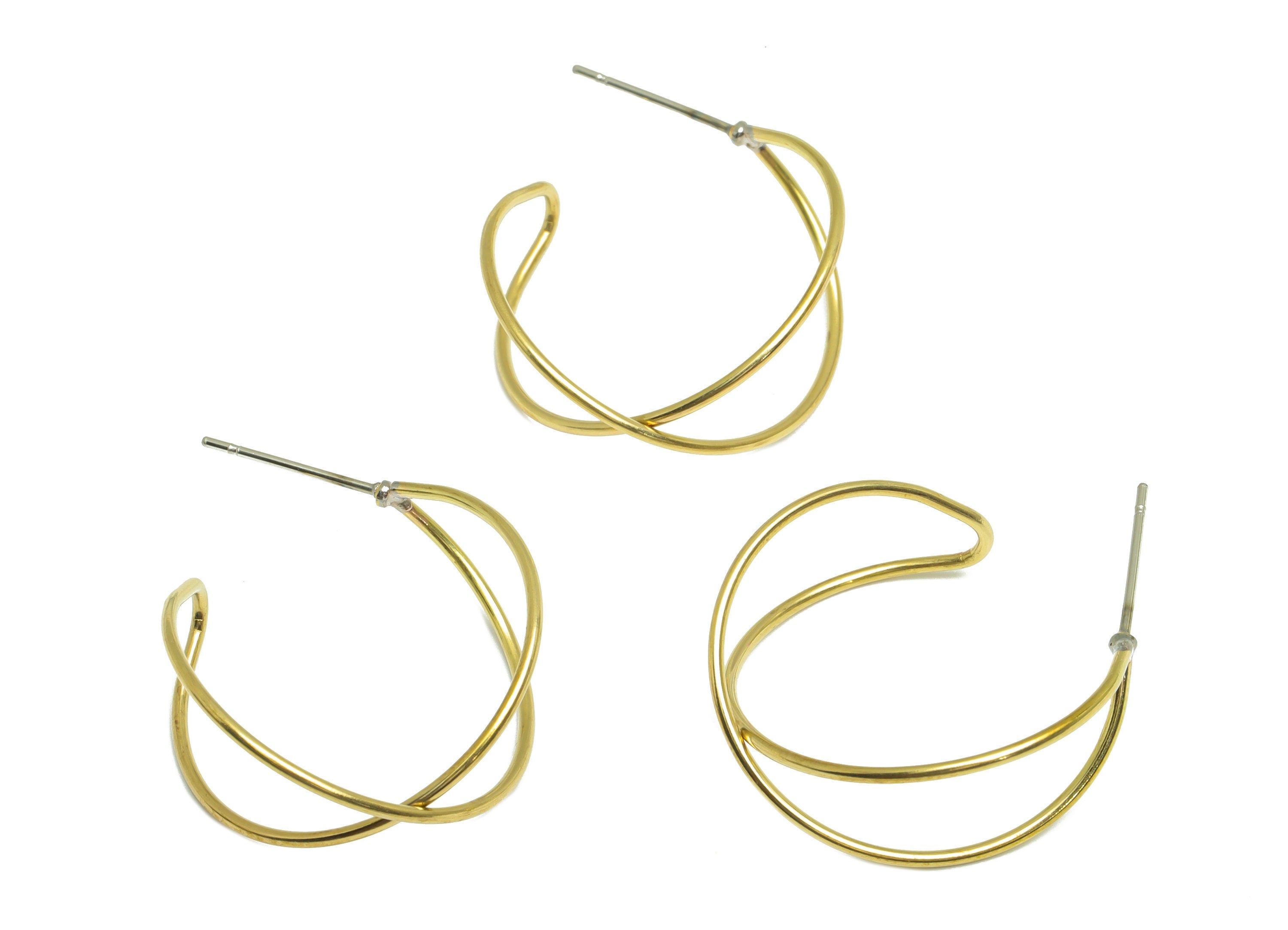 Brass Wire Hoop Earring Post - Brass Cross Hoop Earring Stud - Brass Wire C Hoop Earring Post - 30x22.3x11.8mm - PP9895 - DOMEDBAZAAR