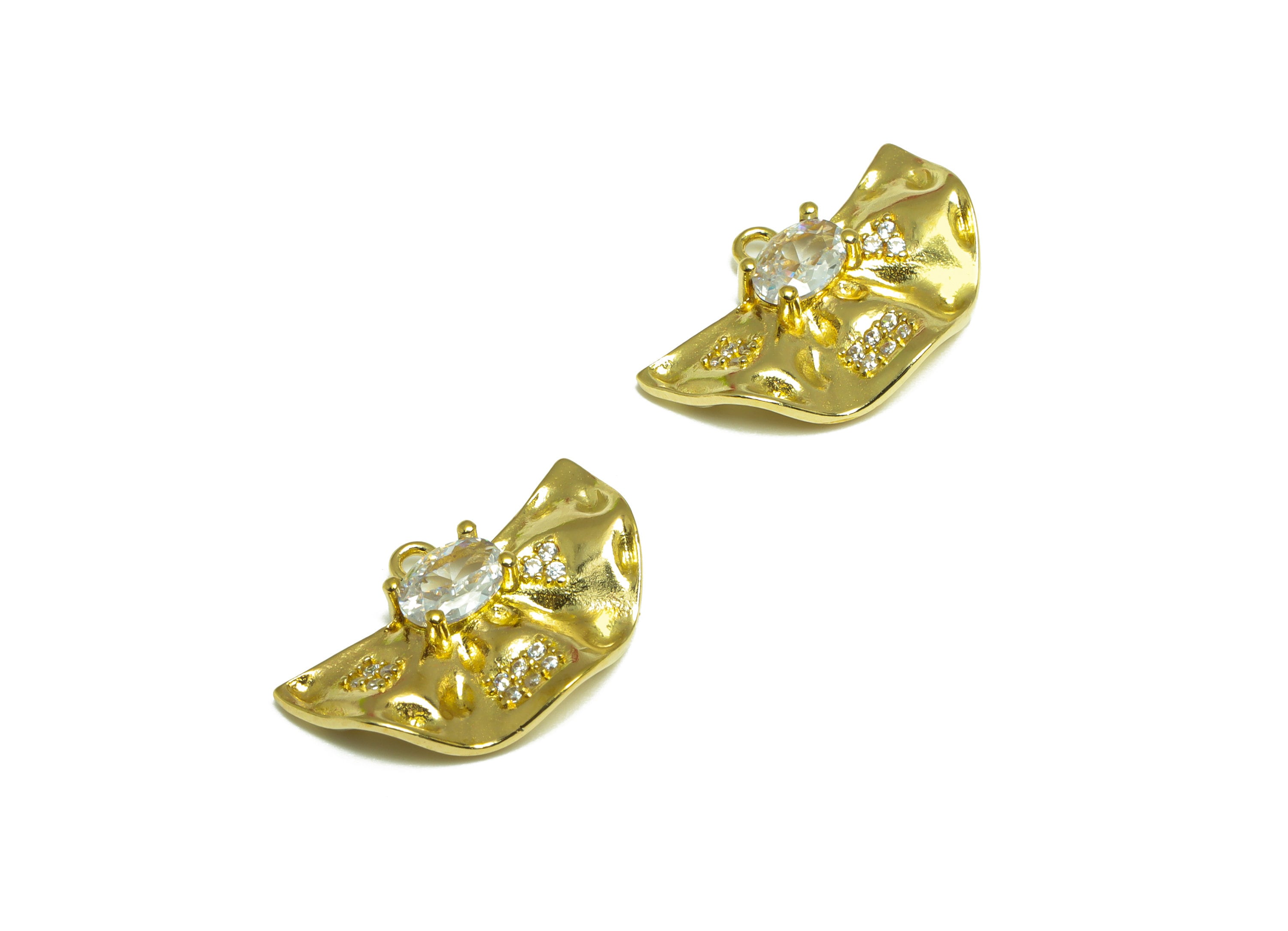 Brass CZ Fan Earring Charm - Raw Brass Wavy Fan Cubic Zircon Earring Charm - Brass Oval Wavy Pendant - 20.4x13.6x3.6mm - PP10073 - DOMEDBAZAAR