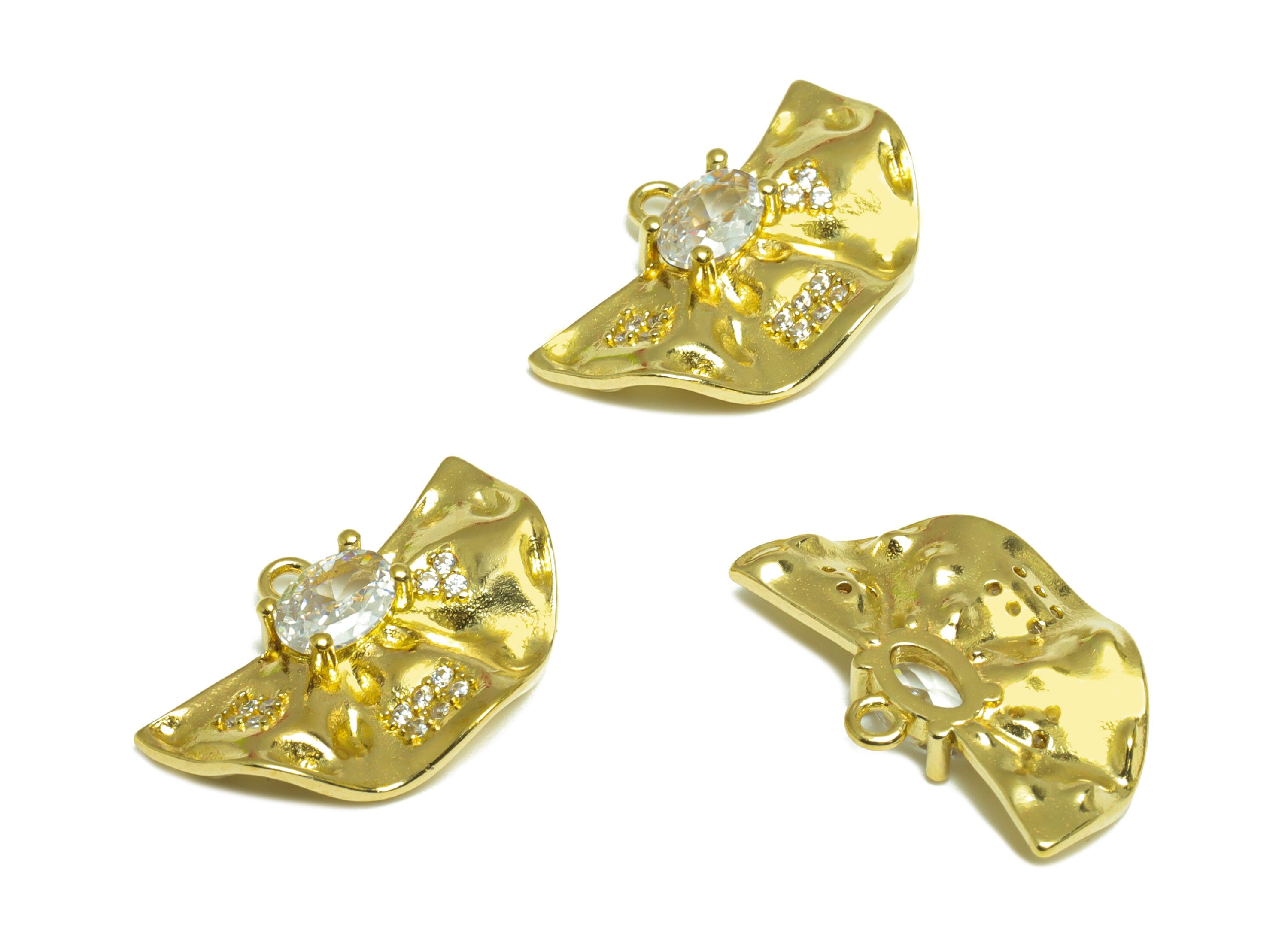 Brass CZ Fan Earring Charm - Raw Brass Wavy Fan Cubic Zircon Earring Charm - Brass Oval Wavy Pendant - 20.4x13.6x3.6mm - PP10073 - DOMEDBAZAAR