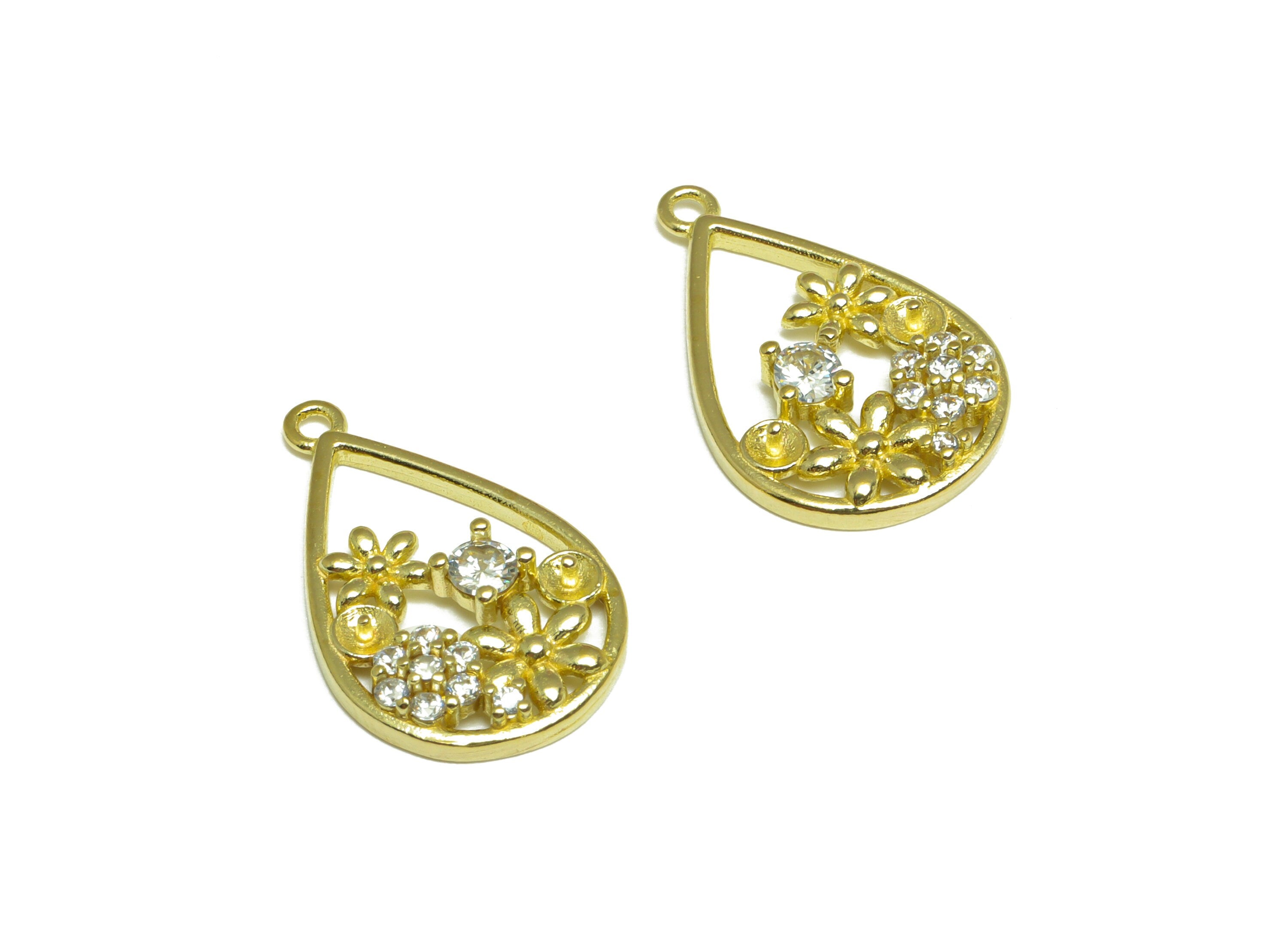 Brass CZ Teardrop Earring Charm - Raw Brass Flower Cubic Zircon Earring Charm - Brass Pearl Setting For Earring Charm - 21x13x3mm - PP10081 - DOMEDBAZAAR