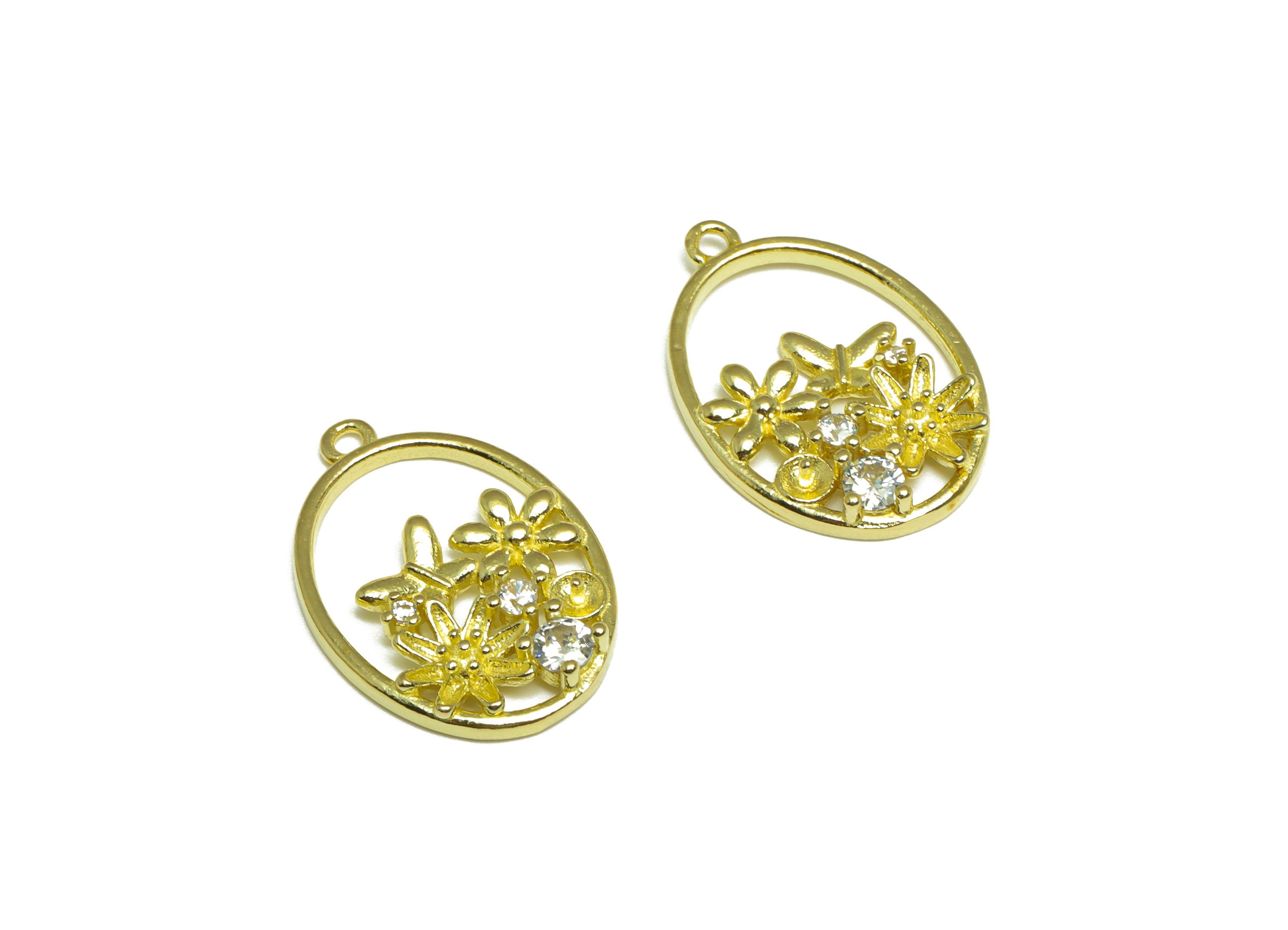 Brass CZ Oval Earring Charm - Raw Brass Flower Cubic Zircon Earring Charm - Brass Pearl Setting For Earring Charm - 20.8x14x2.6mm - PP10082 - DOMEDBAZAAR