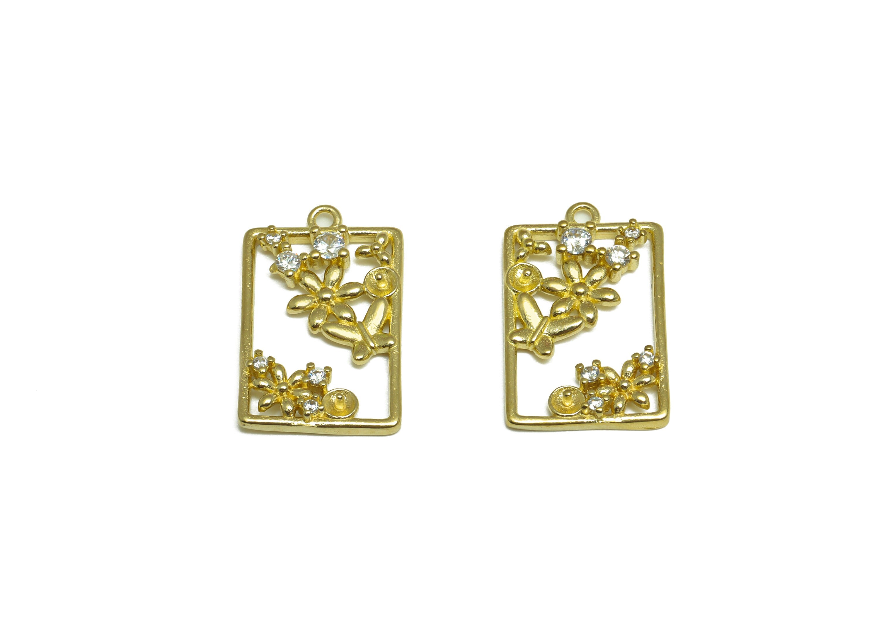Brass CZ Rectangle Earring Charm - Raw Brass Flower Cubic Zircon Earring Charm - Brass Pearl Setting For Earring Charm - 21x13x3mm - PP10079 - DOMEDBAZAAR