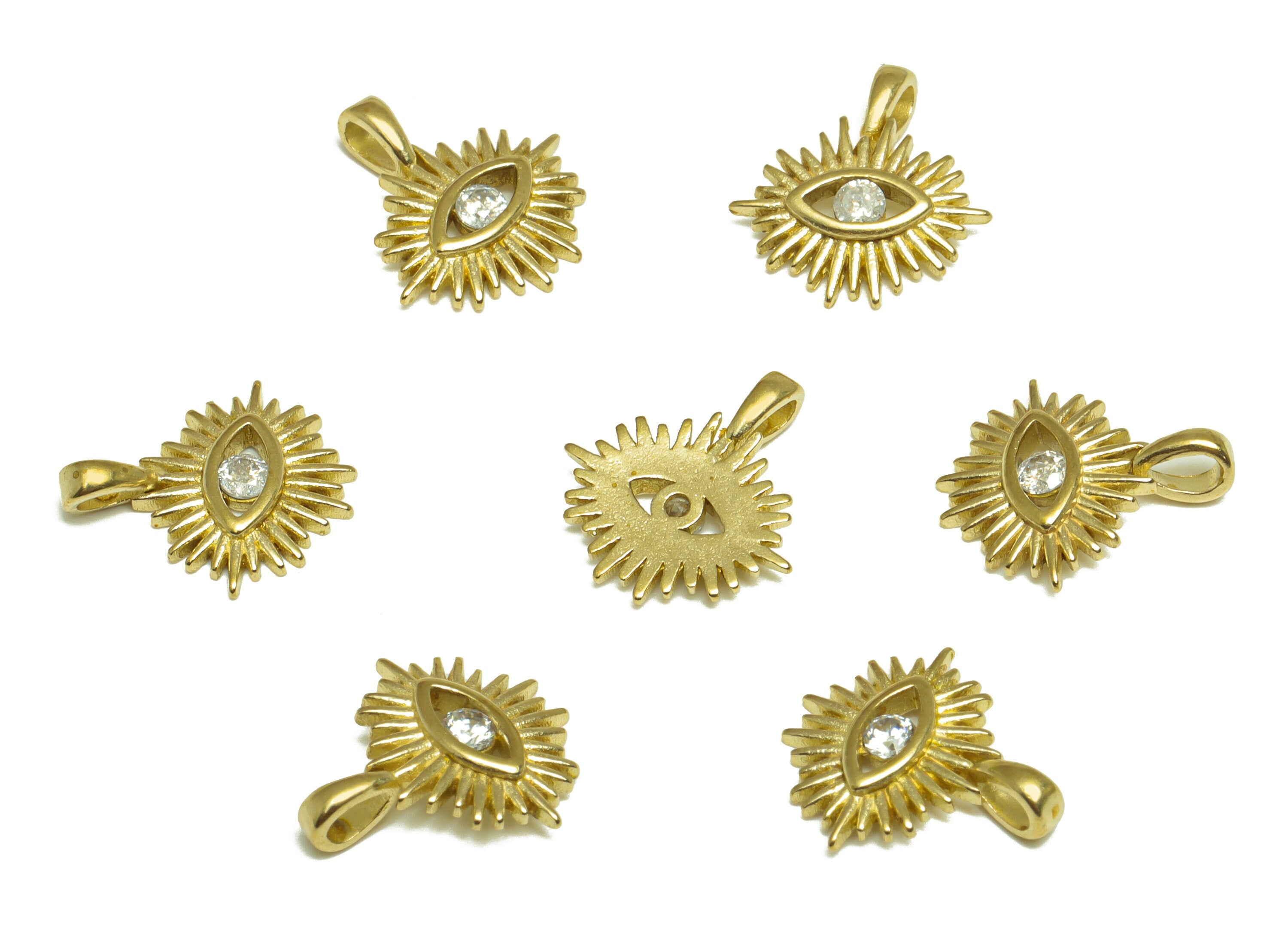 Brass CZ Eye Earring Charm - Raw Brass Eyelash Cubic Zircon Earring Charm - Brass Zircon Eye Earring Charm - 13.7x12.9x1.82mm - PP9912 - DOMEDBAZAAR