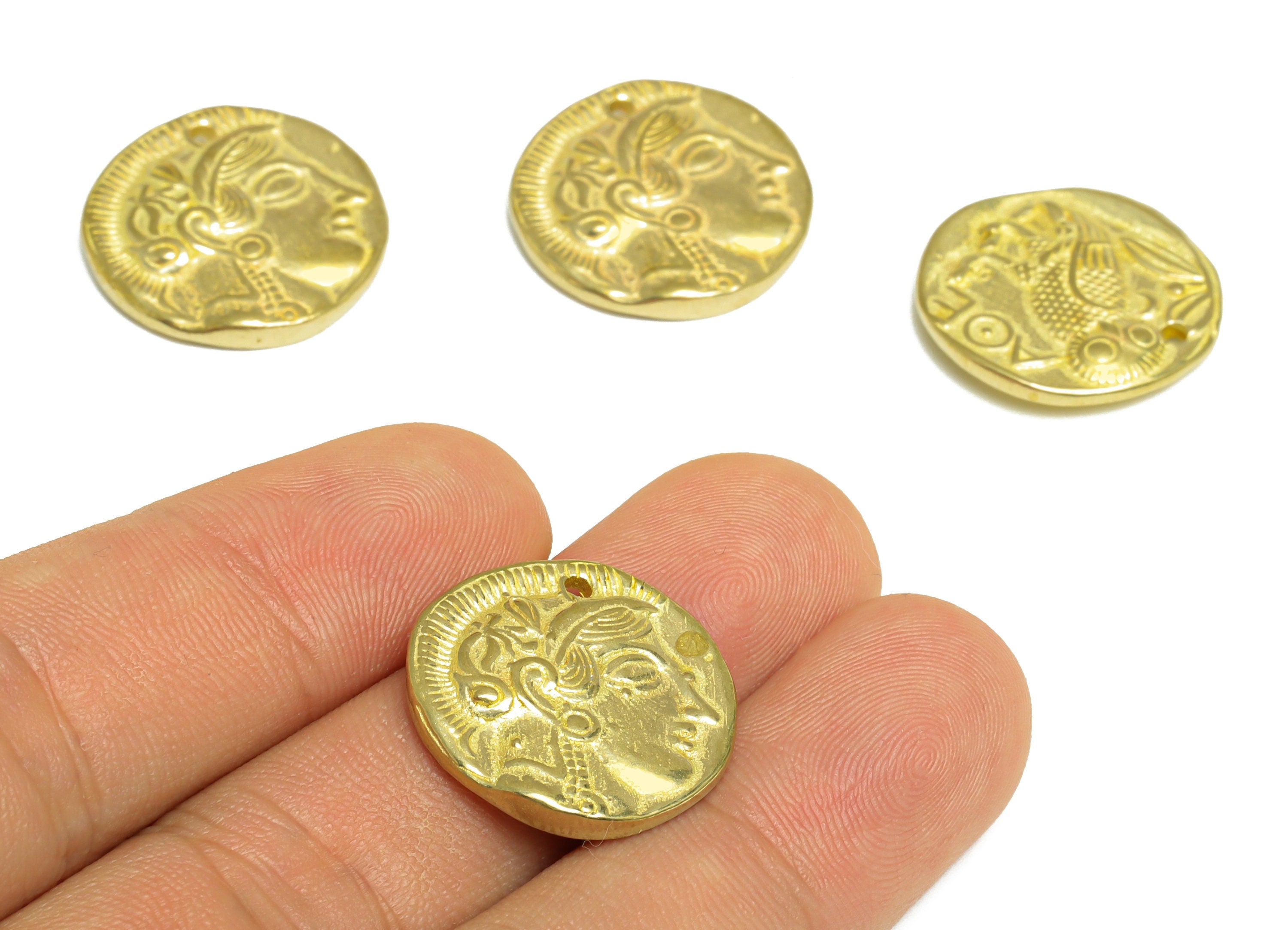 Brass Portrait Coin Earring Charm - Raw Brass Owl Antique Looking Earring Charm - Brass Vintage Looking Earring Charm - 21x21x3mm - PP10090 - DOMEDBAZAAR