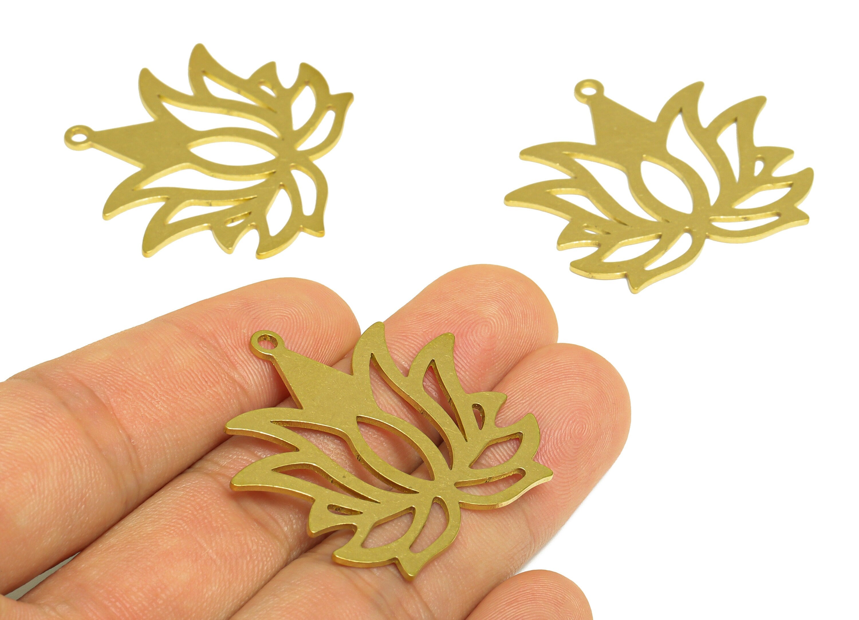 Brass Lotus Earring Charms - Raw Brass Hollow Lotus Flower Pendant - Earrings Finding - Laser Cut Charm - 38.27x31.94x0.99mm - PP3723B - DOMEDBAZAAR
