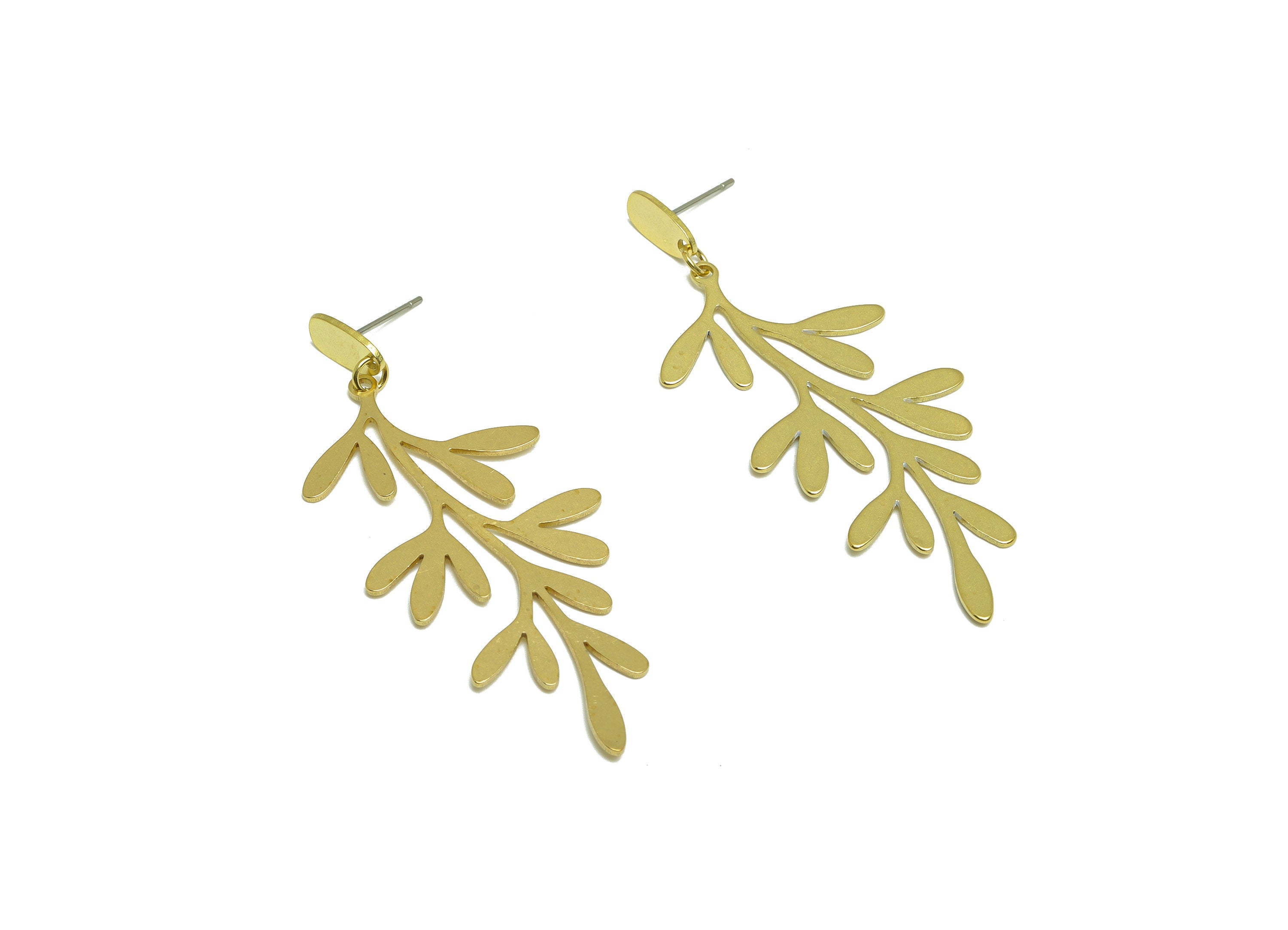 Brass Leaf Earring Post - Brass Dangel Branch Earring Stud - Brass Leaf Dangel Earring Post - Botanical Earring Post - 64.2x24x1mm - PP9909 - DOMEDBAZAAR