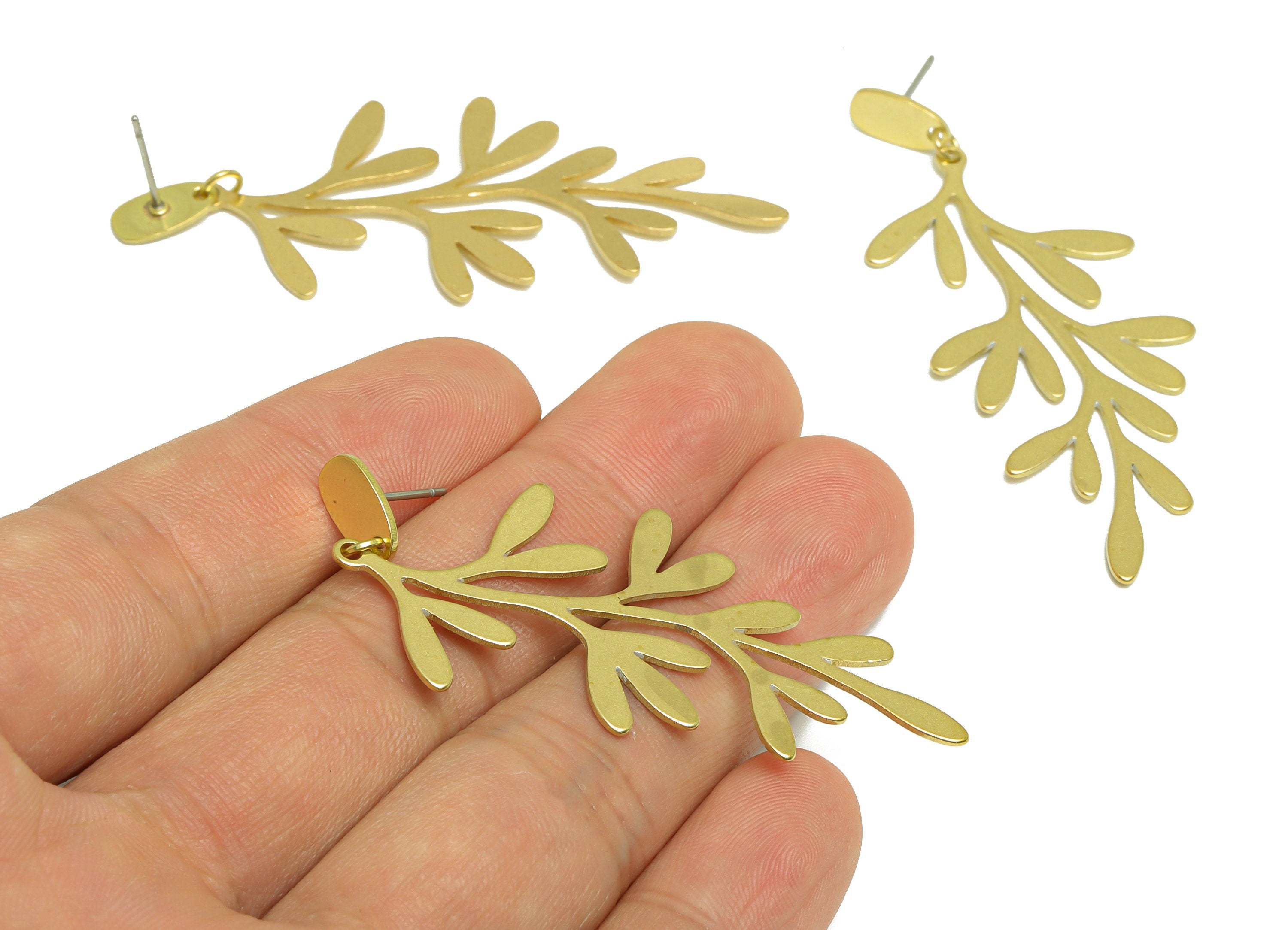 Brass Leaf Earring Post - Brass Dangel Branch Earring Stud - Brass Leaf Dangel Earring Post - Botanical Earring Post - 64.2x24x1mm - PP9909 - DOMEDBAZAAR