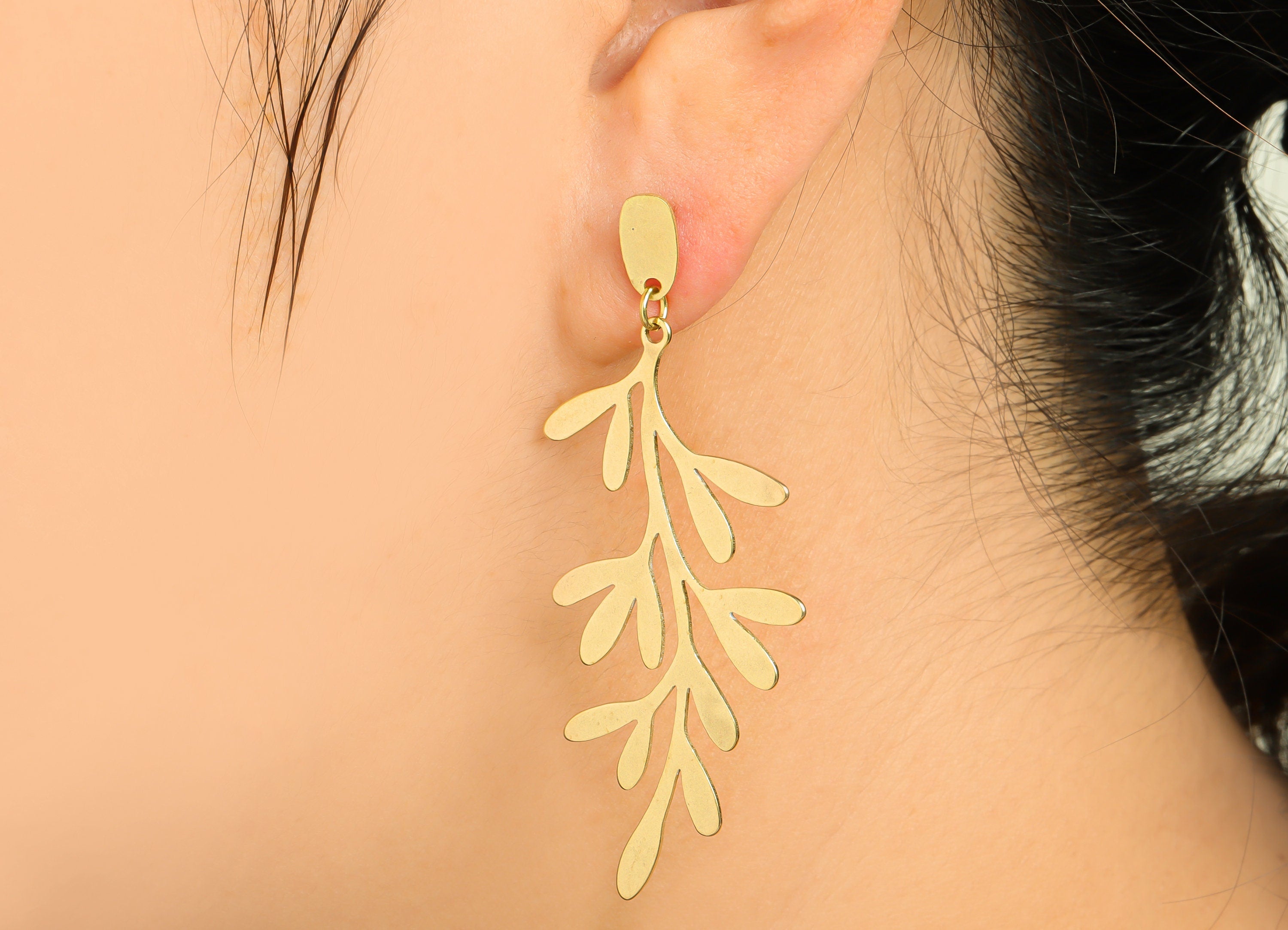 Brass Leaf Earring Post - Brass Dangel Branch Earring Stud - Brass Leaf Dangel Earring Post - Botanical Earring Post - 64.2x24x1mm - PP9909 - DOMEDBAZAAR