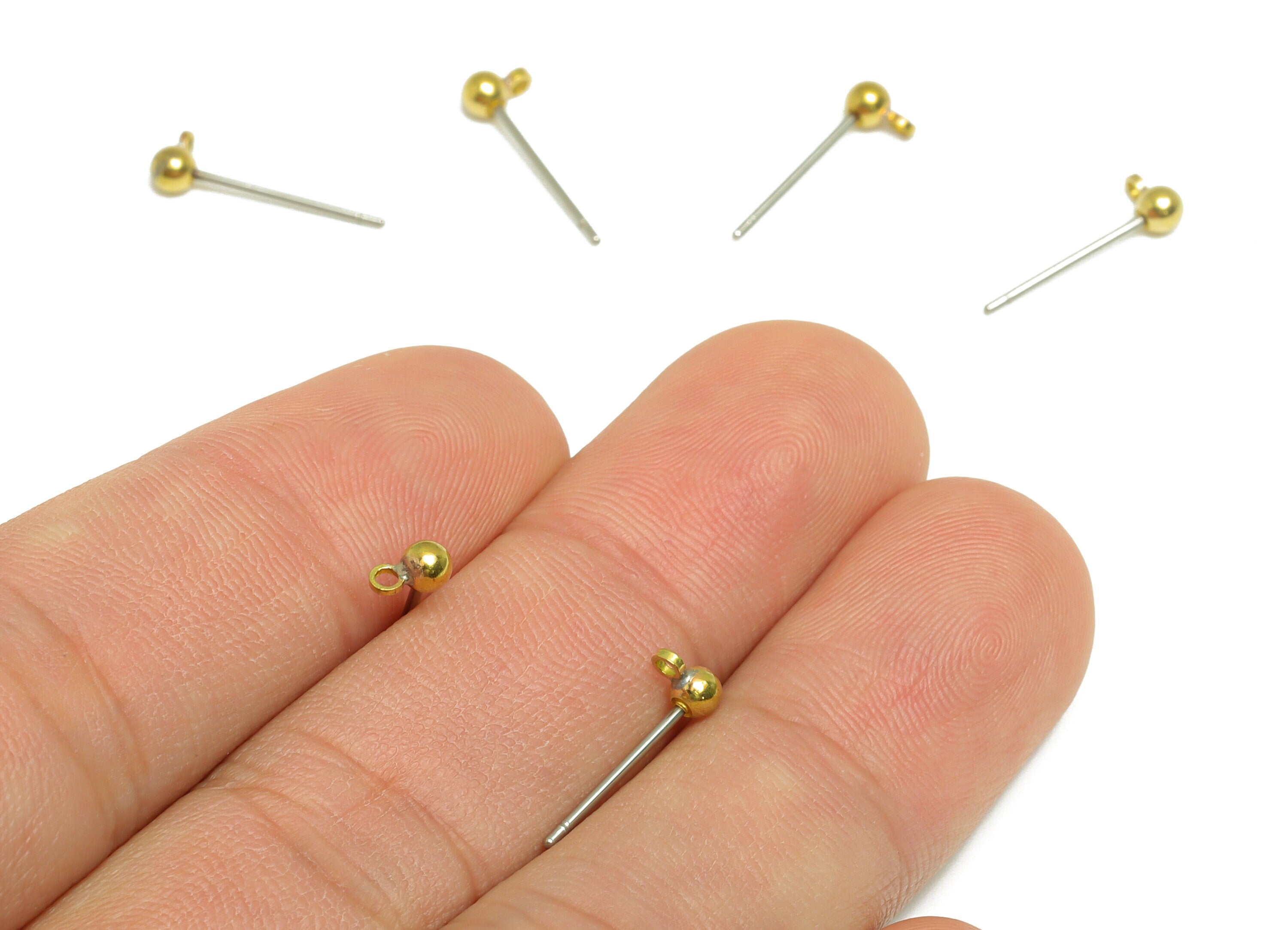3mm Ball Stud Earring With Loop - Brass Ball Pad Stud - Brass Bead Earring Post- Raw Brass Ball Earring Loop - Jewelry Supplies - PP9621 - DOMEDBAZAAR